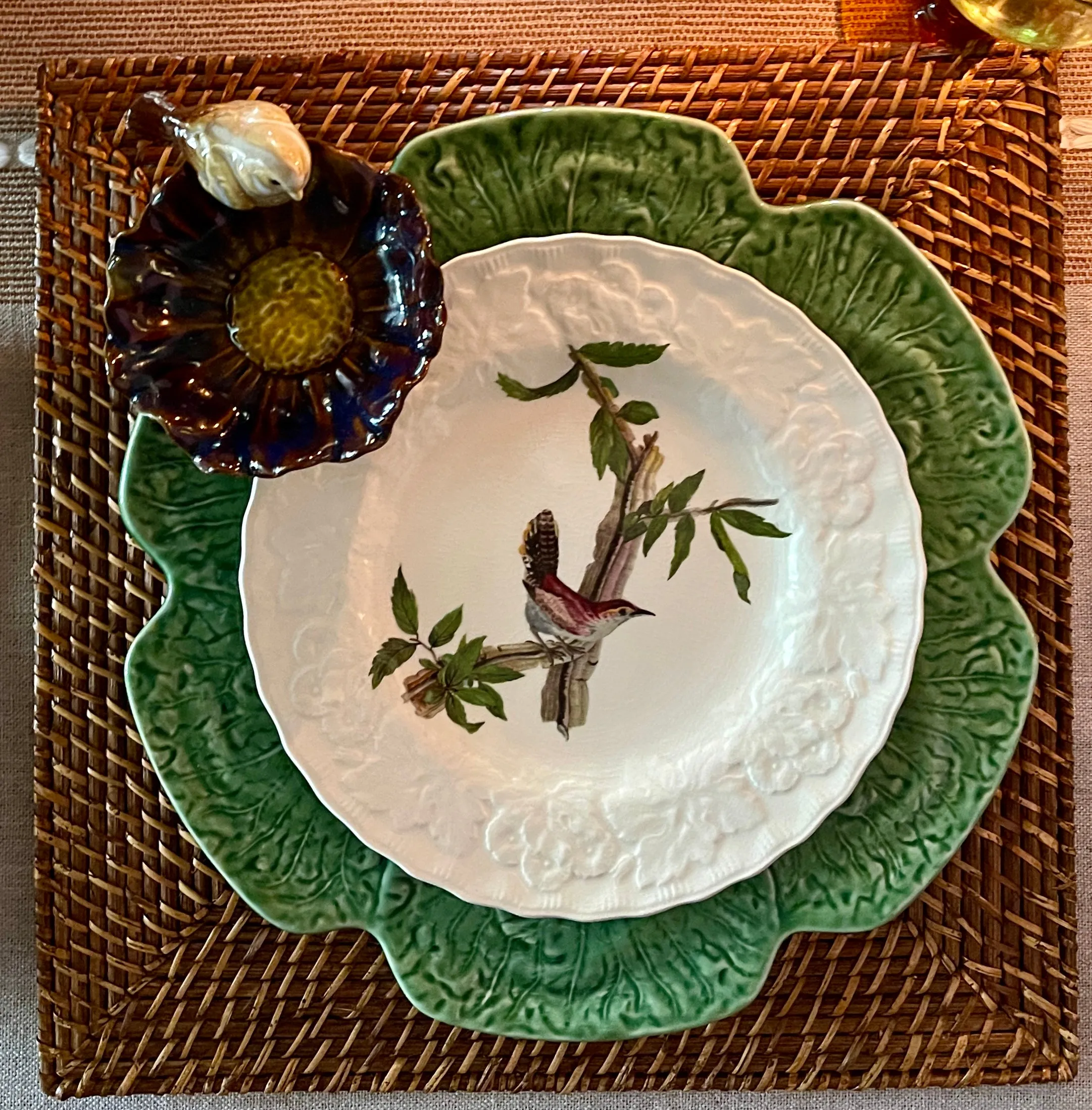Hand Painted Bird on Blue Flower Majolica Soap Dish / Candy Bowl