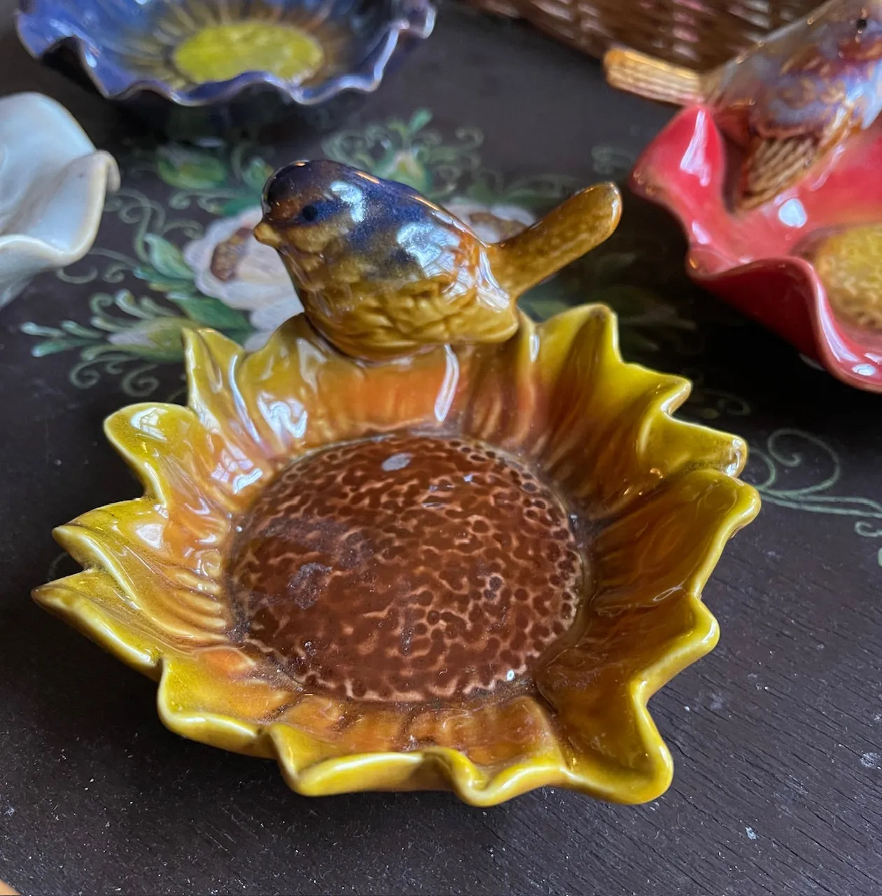 Hand Painted Bird on Off WHITE Flower Majolica Soap Dish / Candy Bowl