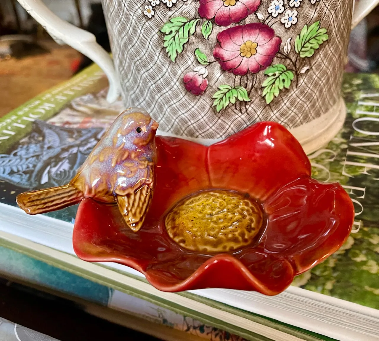Hand Painted Bird on Off WHITE Flower Majolica Soap Dish / Candy Bowl