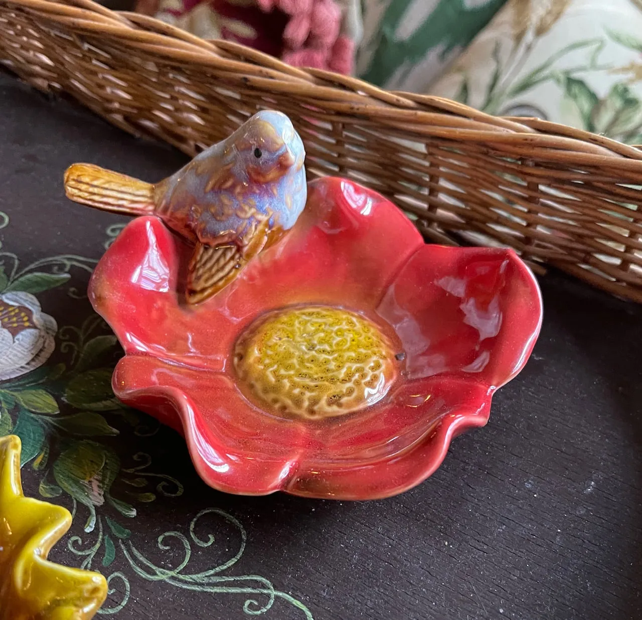 Hand Painted Bird on Off WHITE Flower Majolica Soap Dish / Candy Bowl