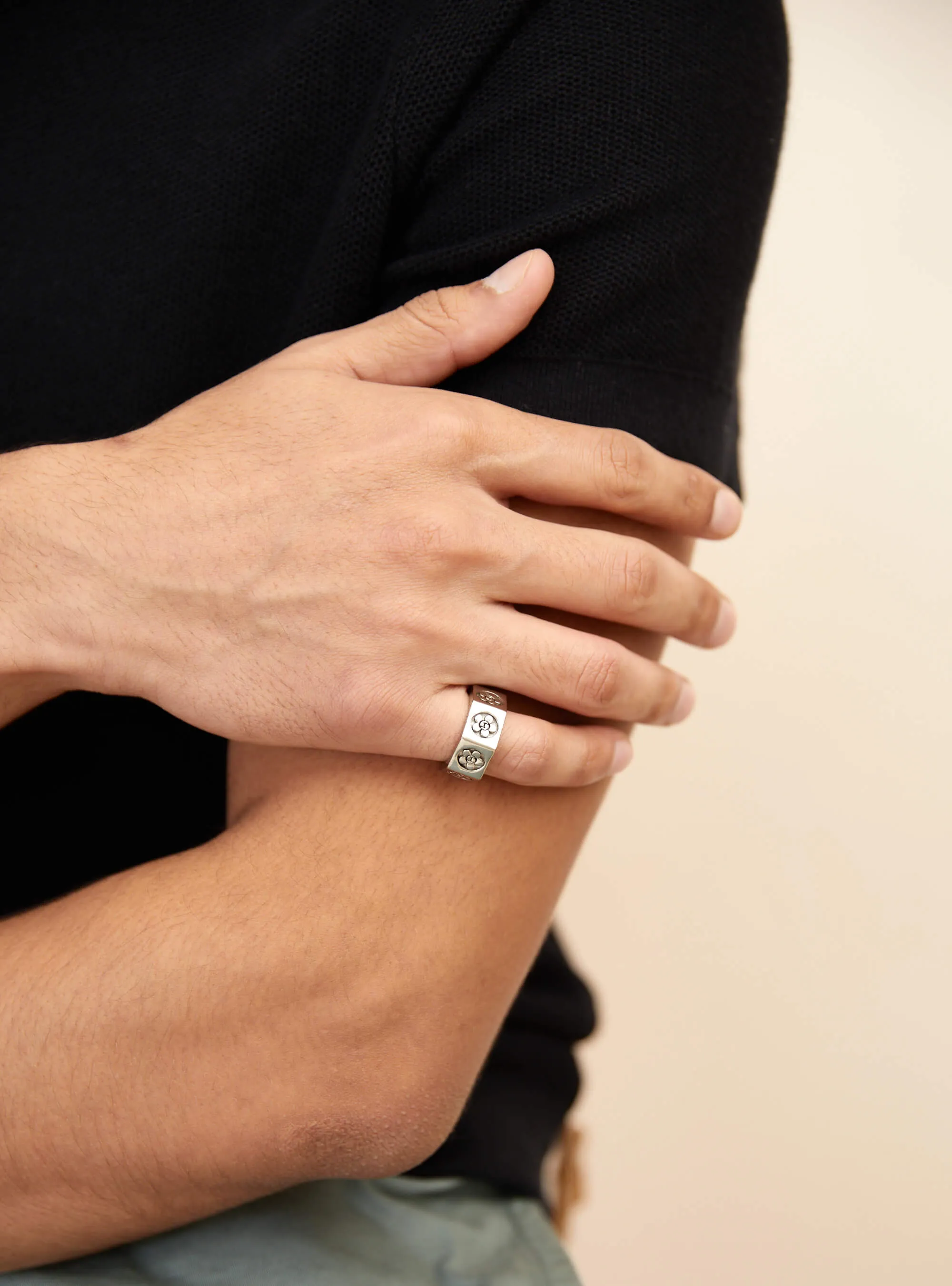 Karan Tacker Wearing Poppi Bolt Ring - Silver