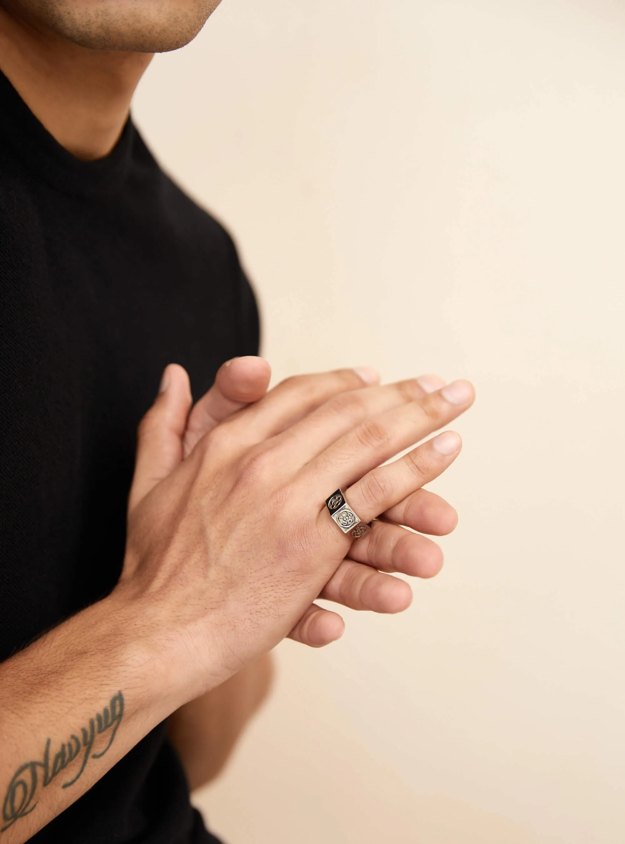 Karan Tacker Wearing Poppi Bolt Ring - Silver