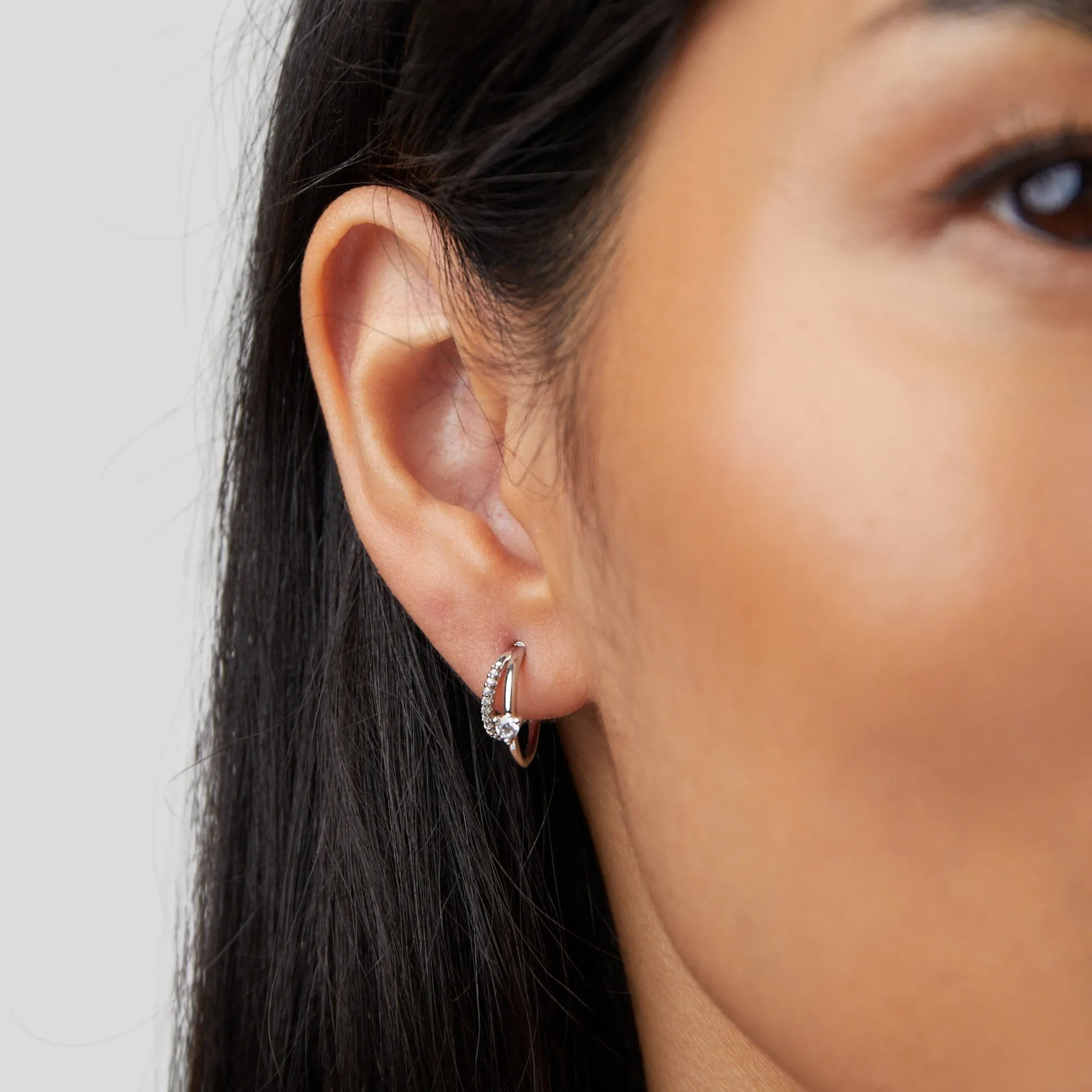 Layered Crystal Silver Hoop Earrings