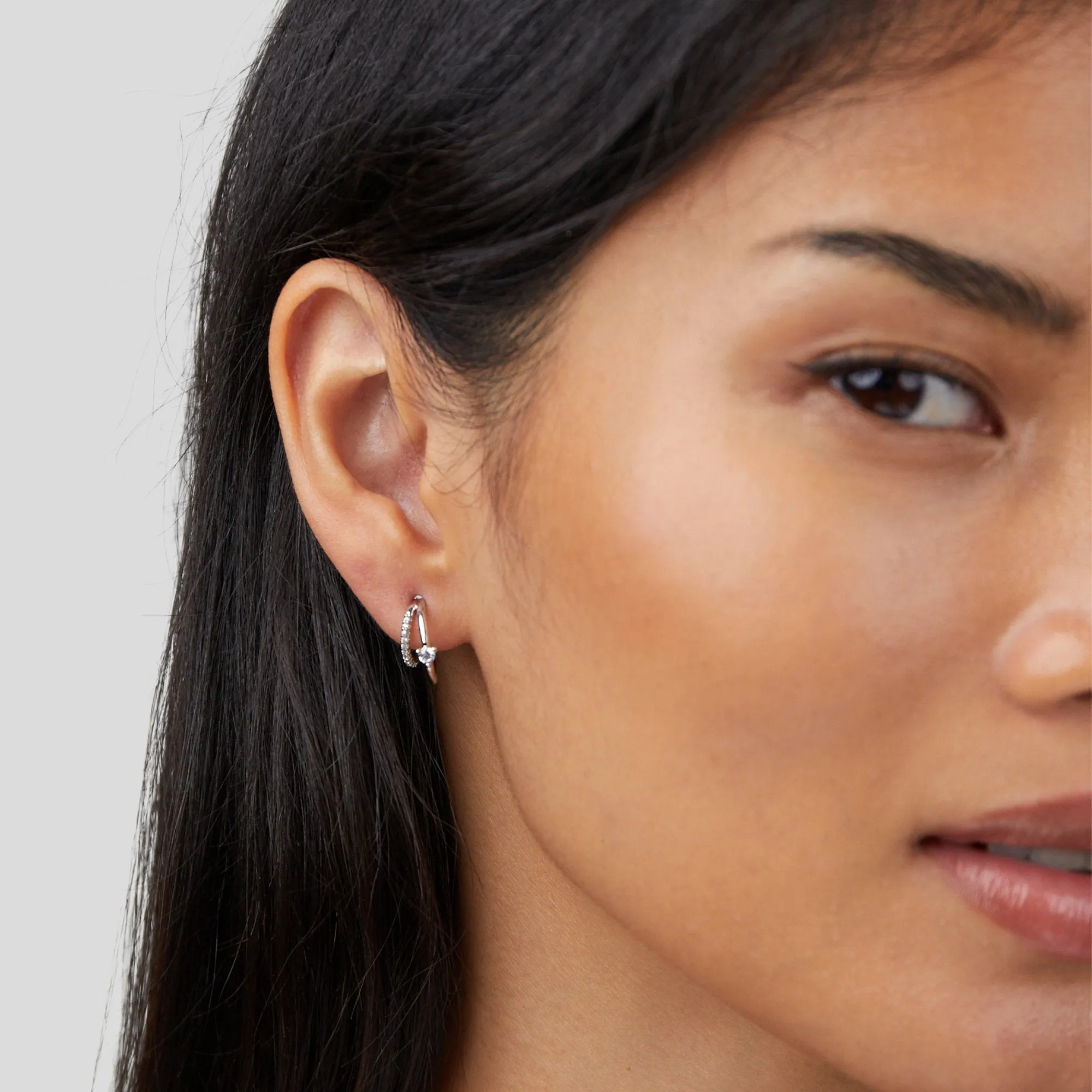 Layered Crystal Silver Hoop Earrings