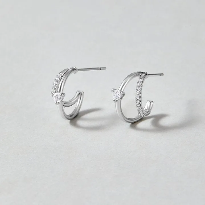 Layered Crystal Silver Hoop Earrings