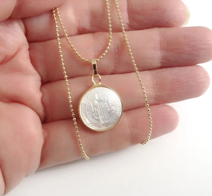 Mother of Pearl San Benito Pendant Gold Plated Ball Chain 17.2"