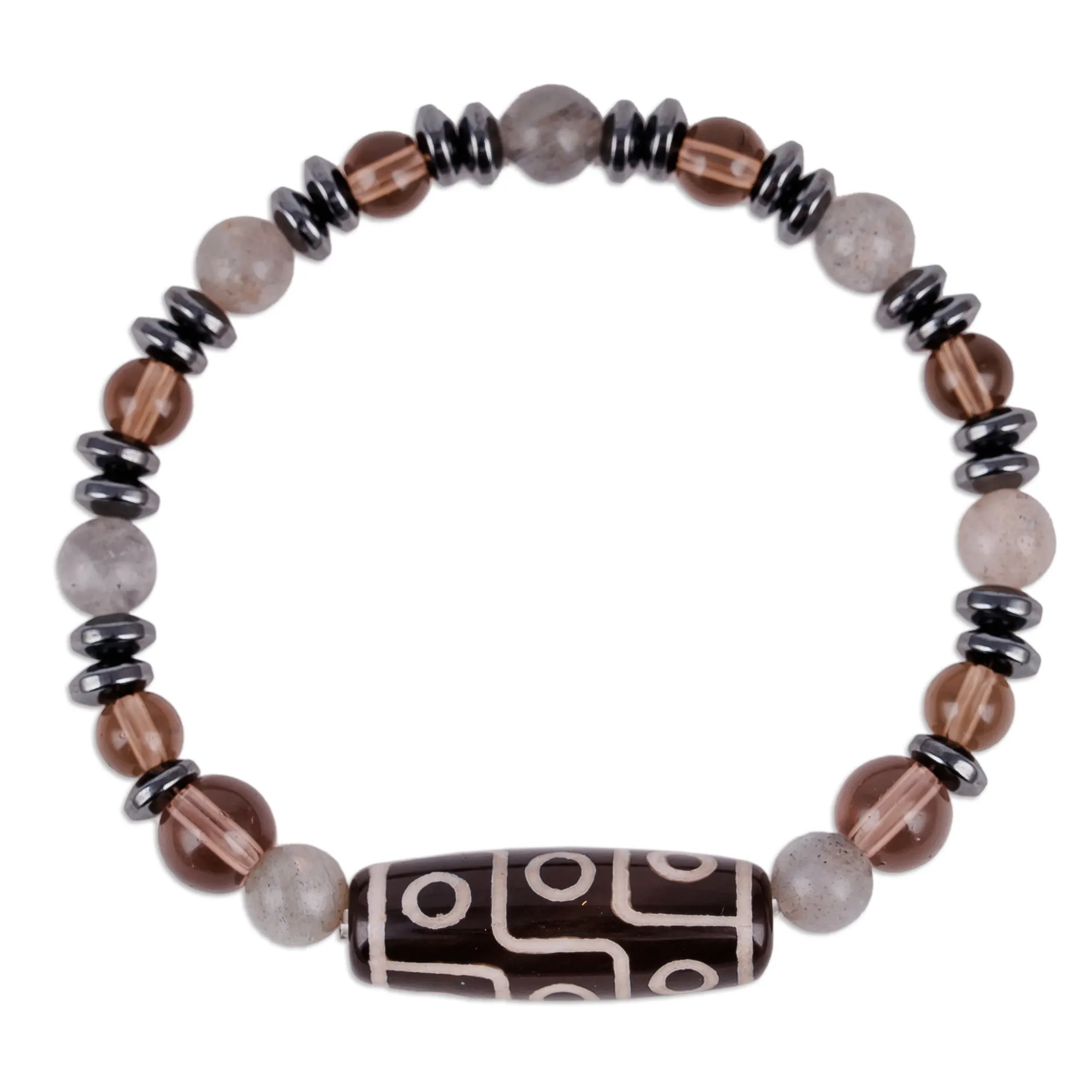 Multi-Gemstone Beaded Dzi Pendant Bracelet in Grey - Grey Fate | NOVICA