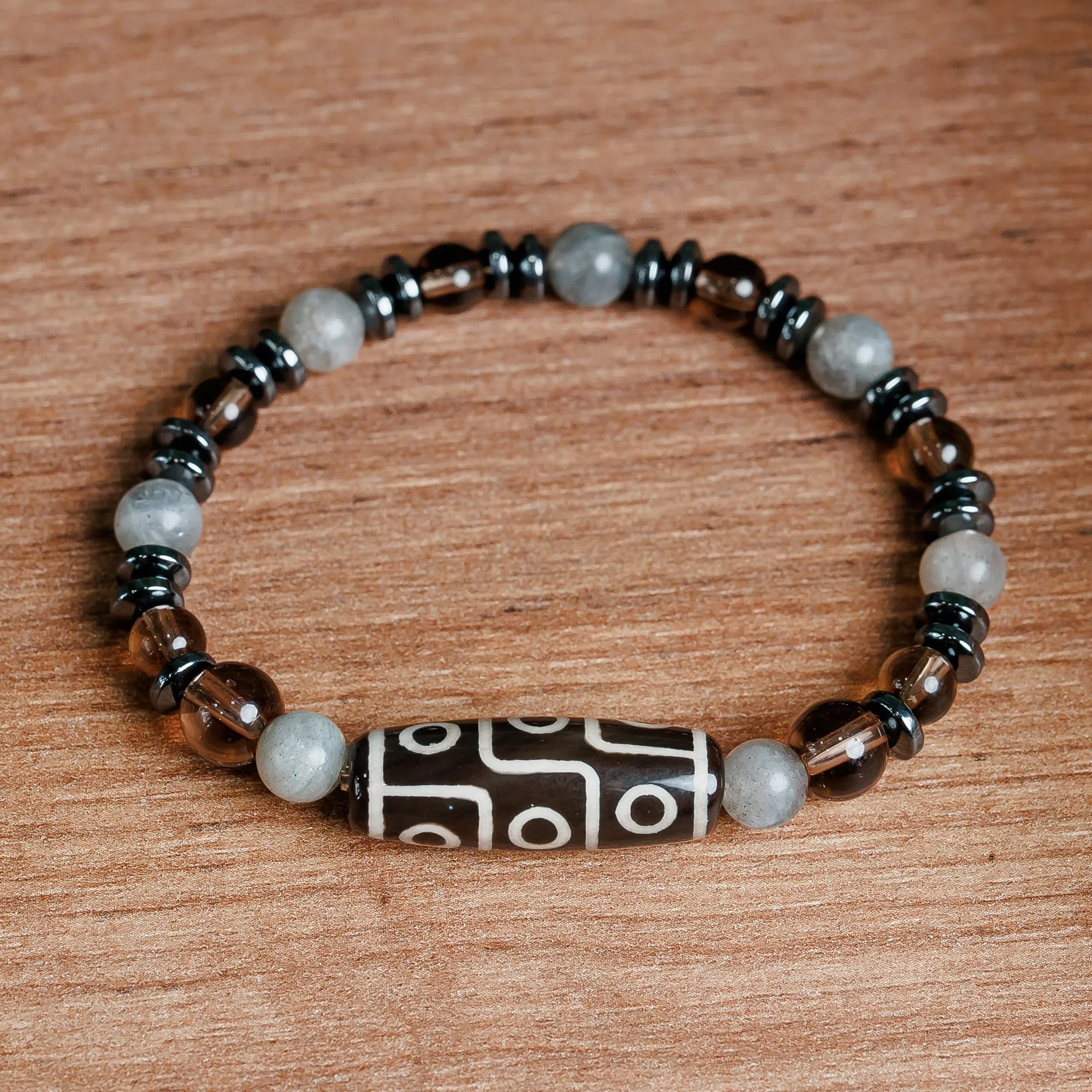 Multi-Gemstone Beaded Dzi Pendant Bracelet in Grey - Grey Fate | NOVICA
