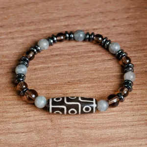 Multi-Gemstone Beaded Dzi Pendant Bracelet in Grey - Grey Fate | NOVICA