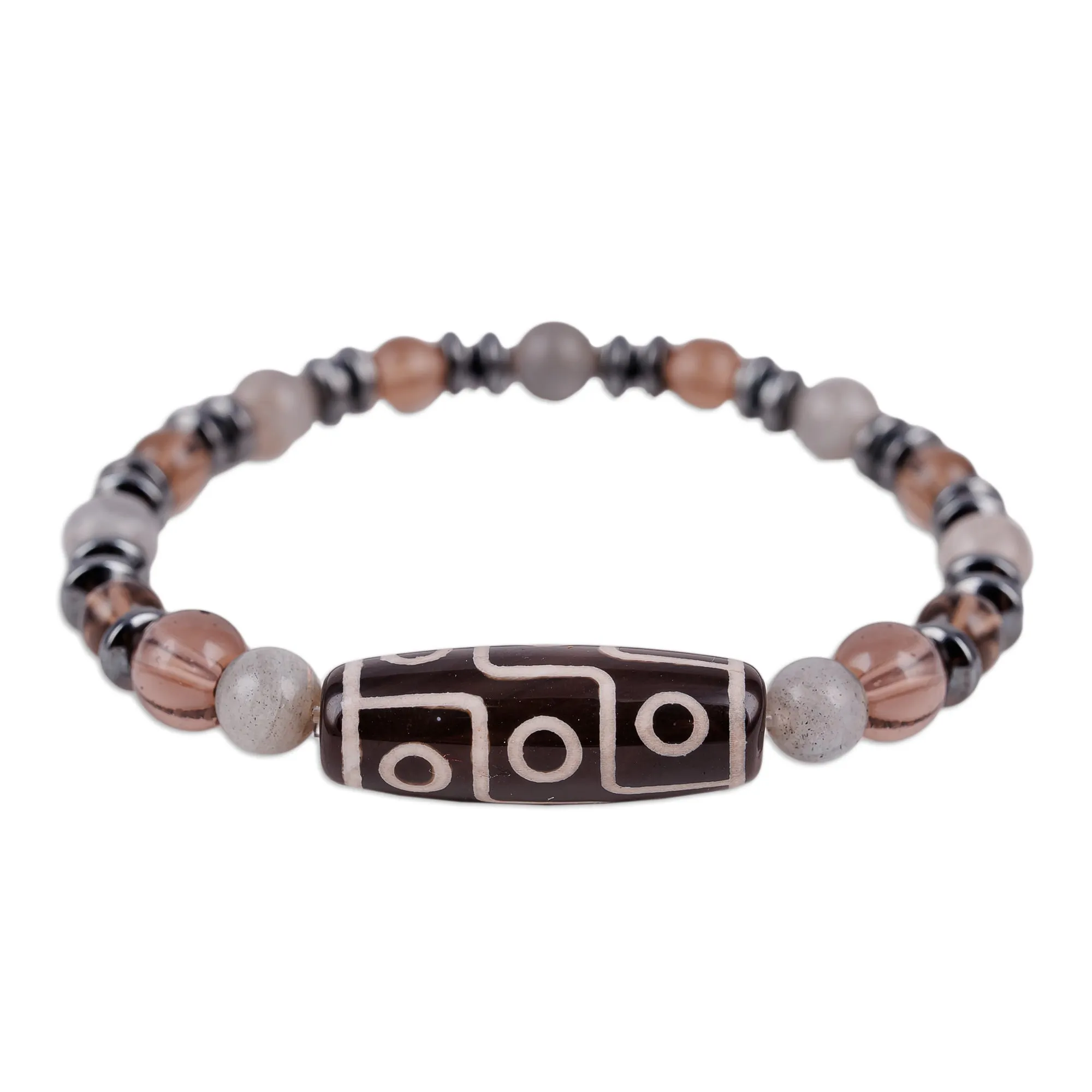 Multi-Gemstone Beaded Dzi Pendant Bracelet in Grey - Grey Fate | NOVICA