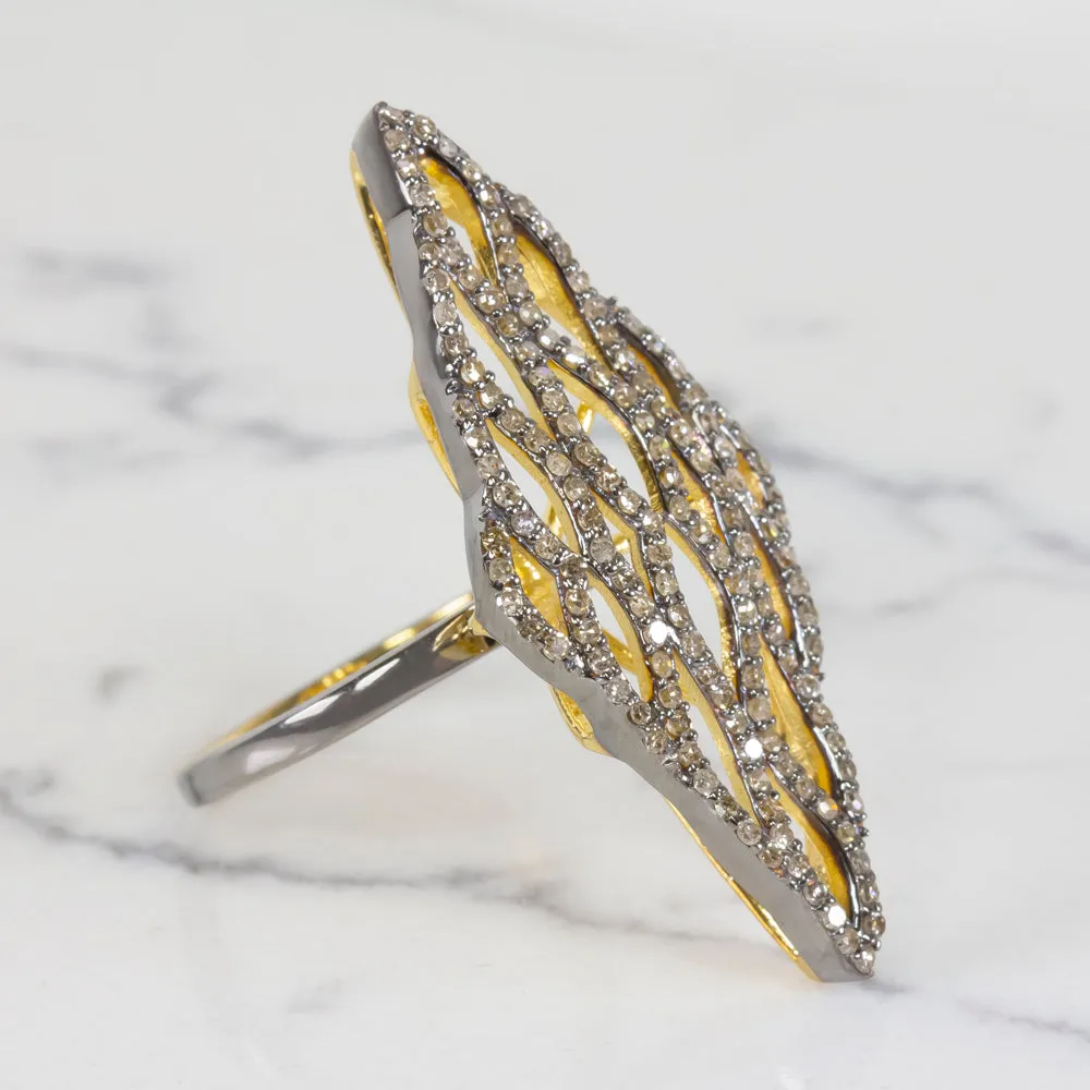 NATURAL .84c PAVE DIAMOND STATEMENT RING 1.5in BIG GEOMETRIC COCKTAIL LONG CUFF