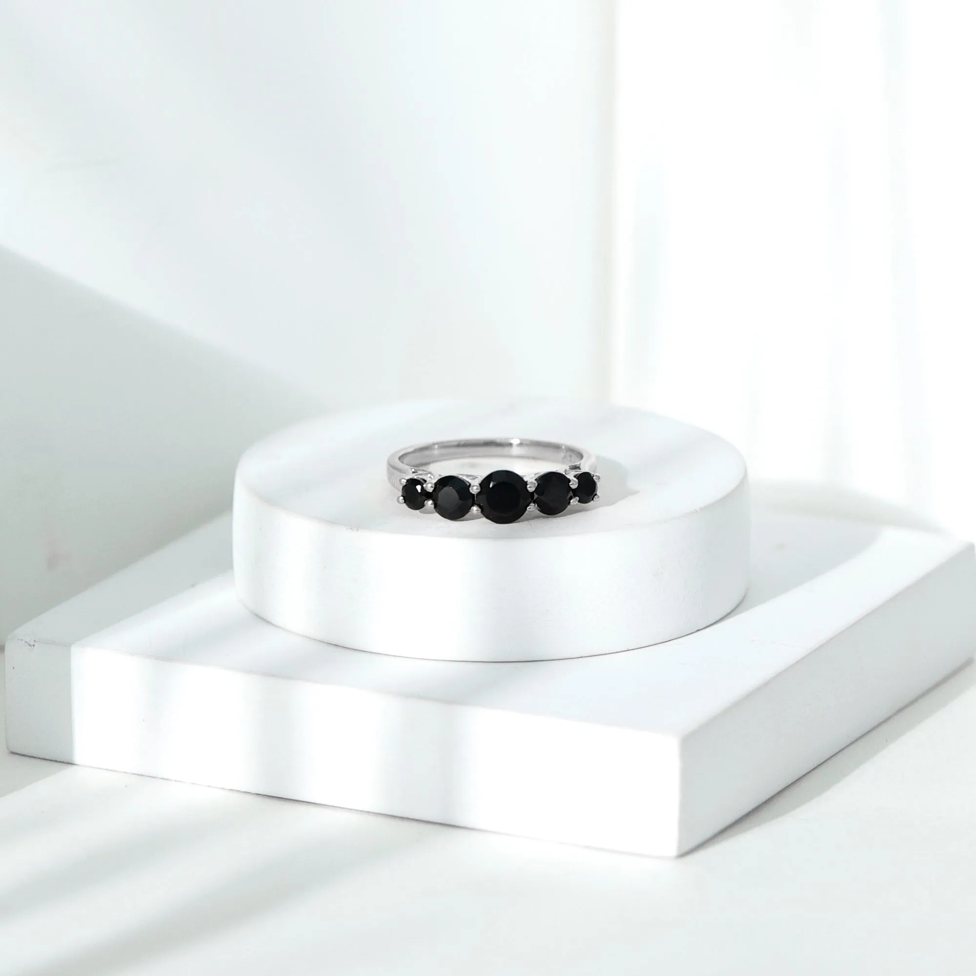 Natural Black Onyx 5 Stone Anniversary Ring in Graduated Style