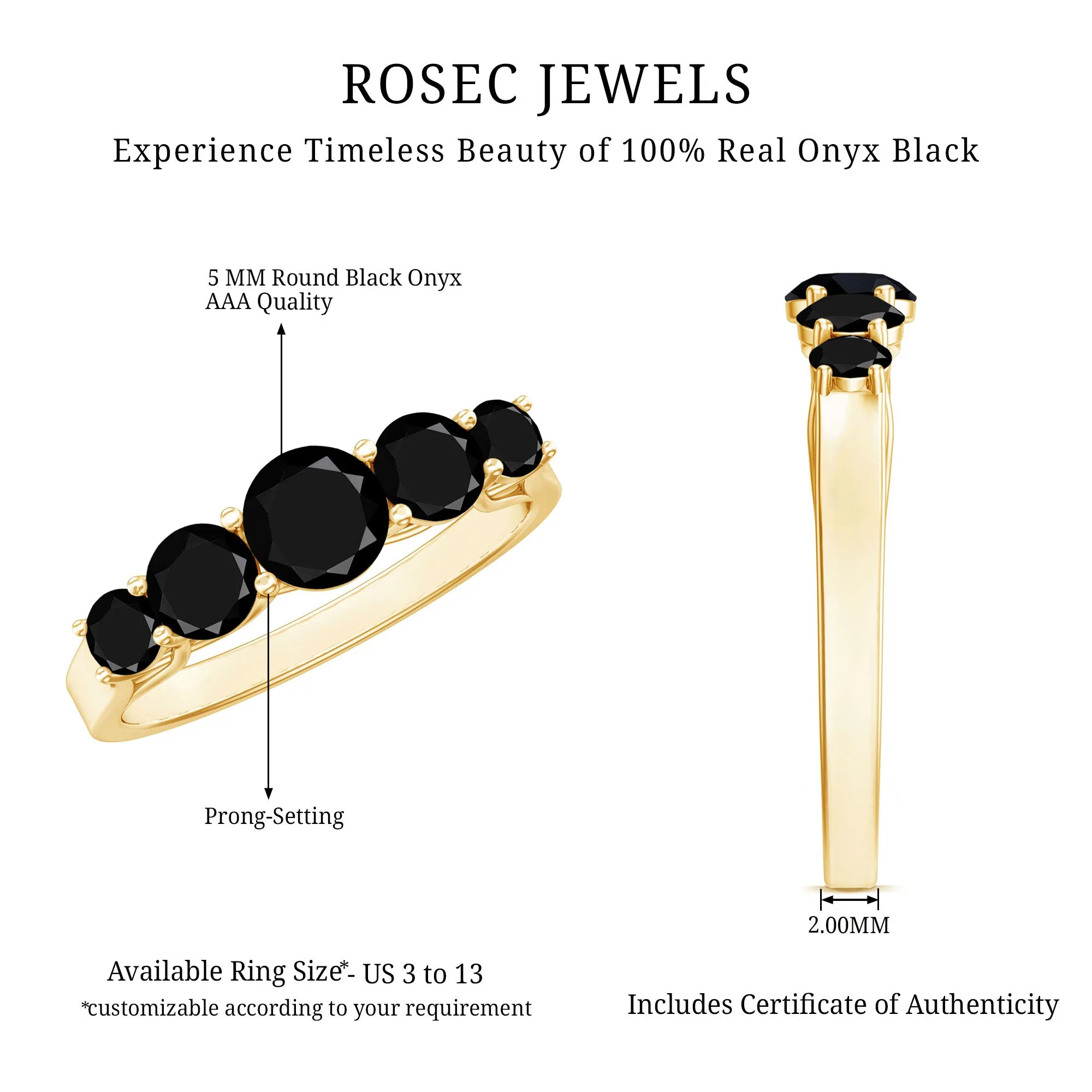 Natural Black Onyx 5 Stone Anniversary Ring in Graduated Style