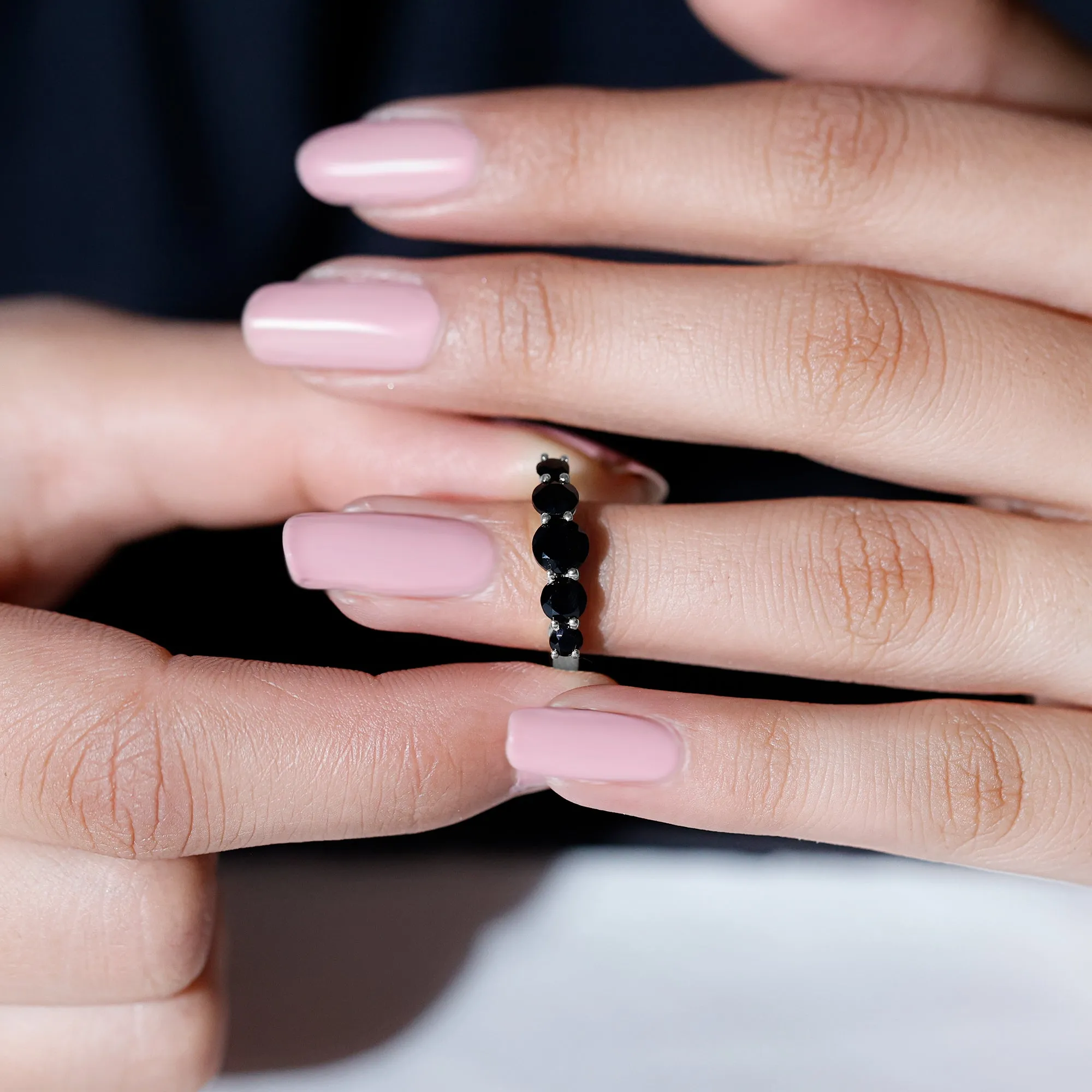 Natural Black Onyx 5 Stone Anniversary Ring in Graduated Style