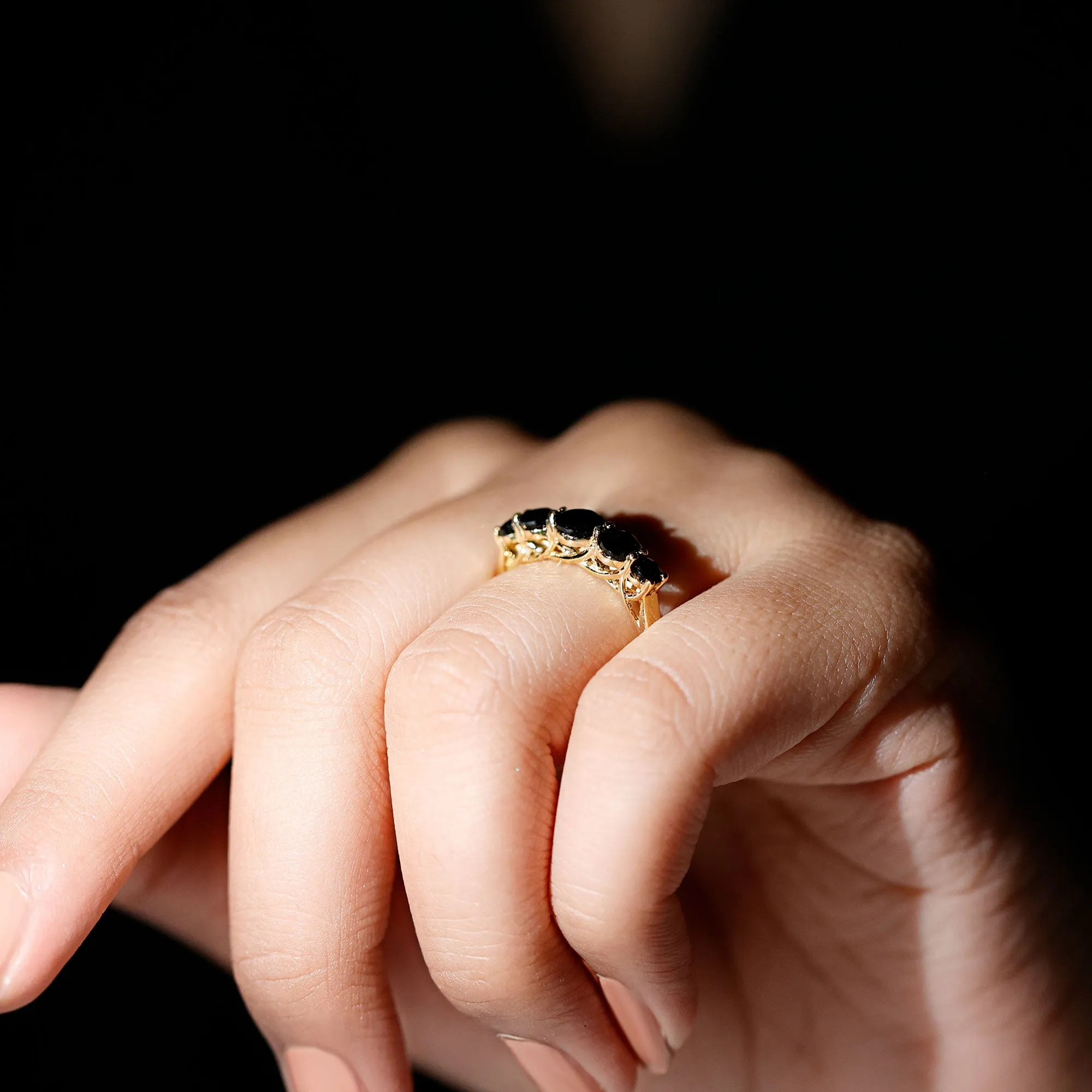 Natural Black Onyx 5 Stone Anniversary Ring in Graduated Style