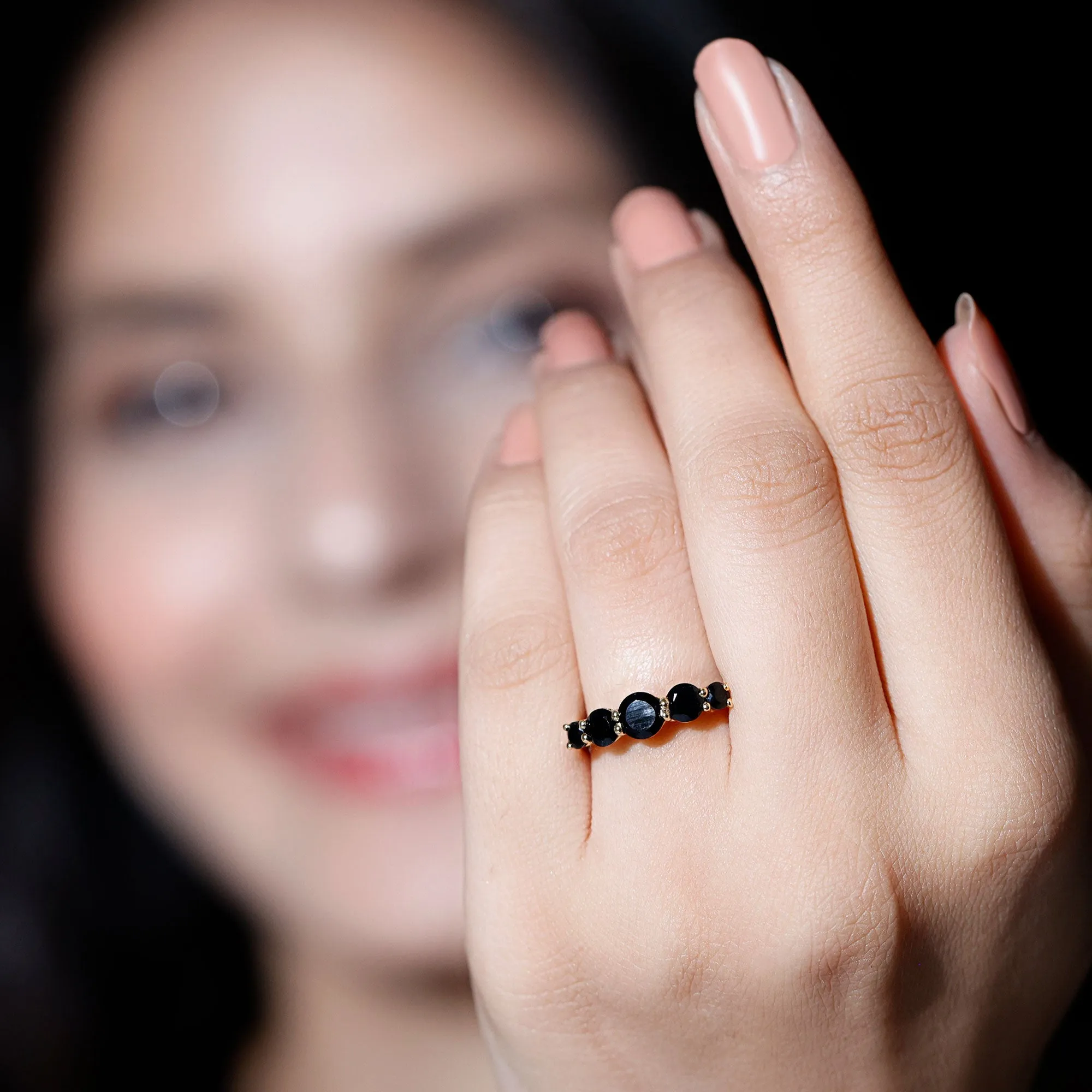 Natural Black Onyx 5 Stone Anniversary Ring in Graduated Style