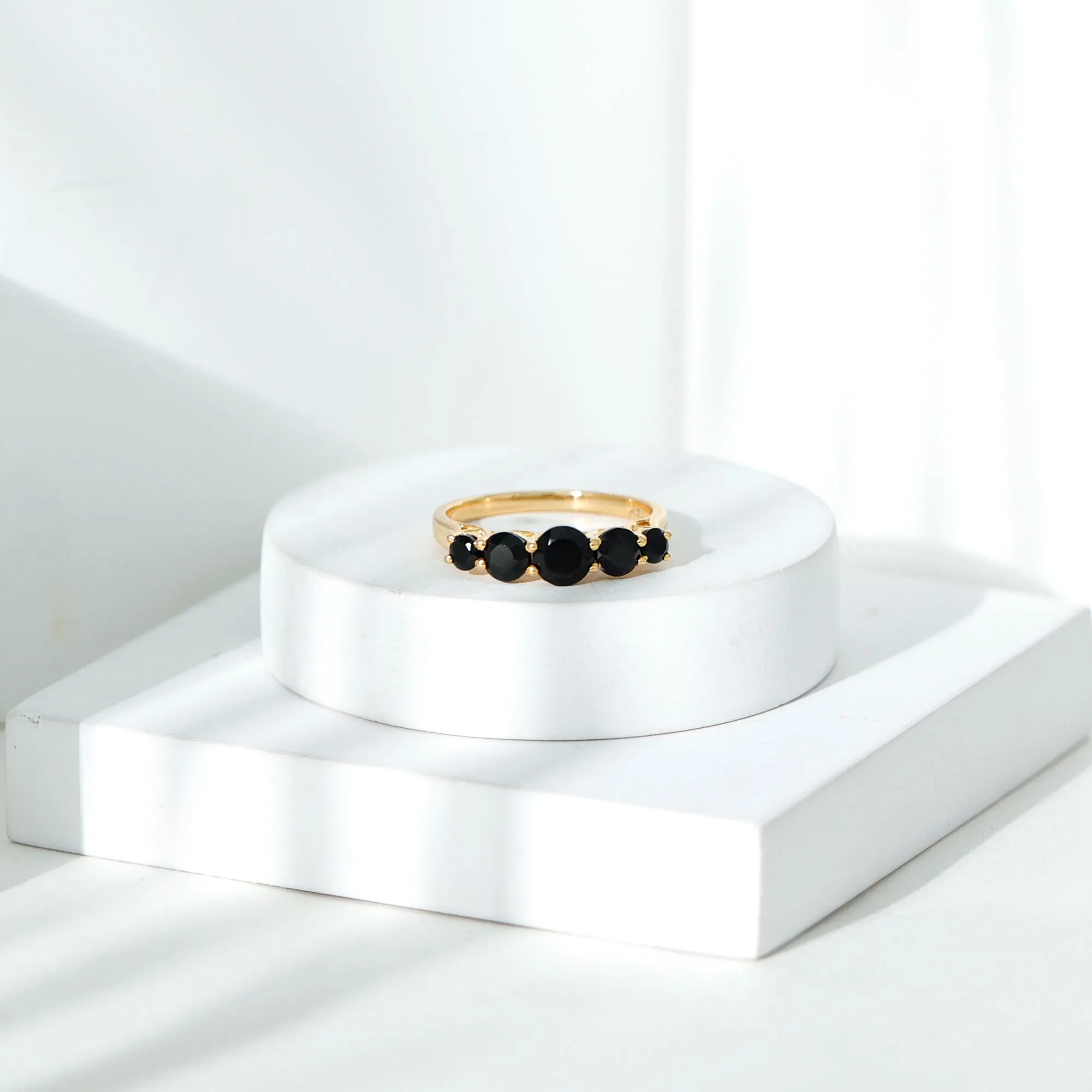 Natural Black Onyx 5 Stone Anniversary Ring in Graduated Style