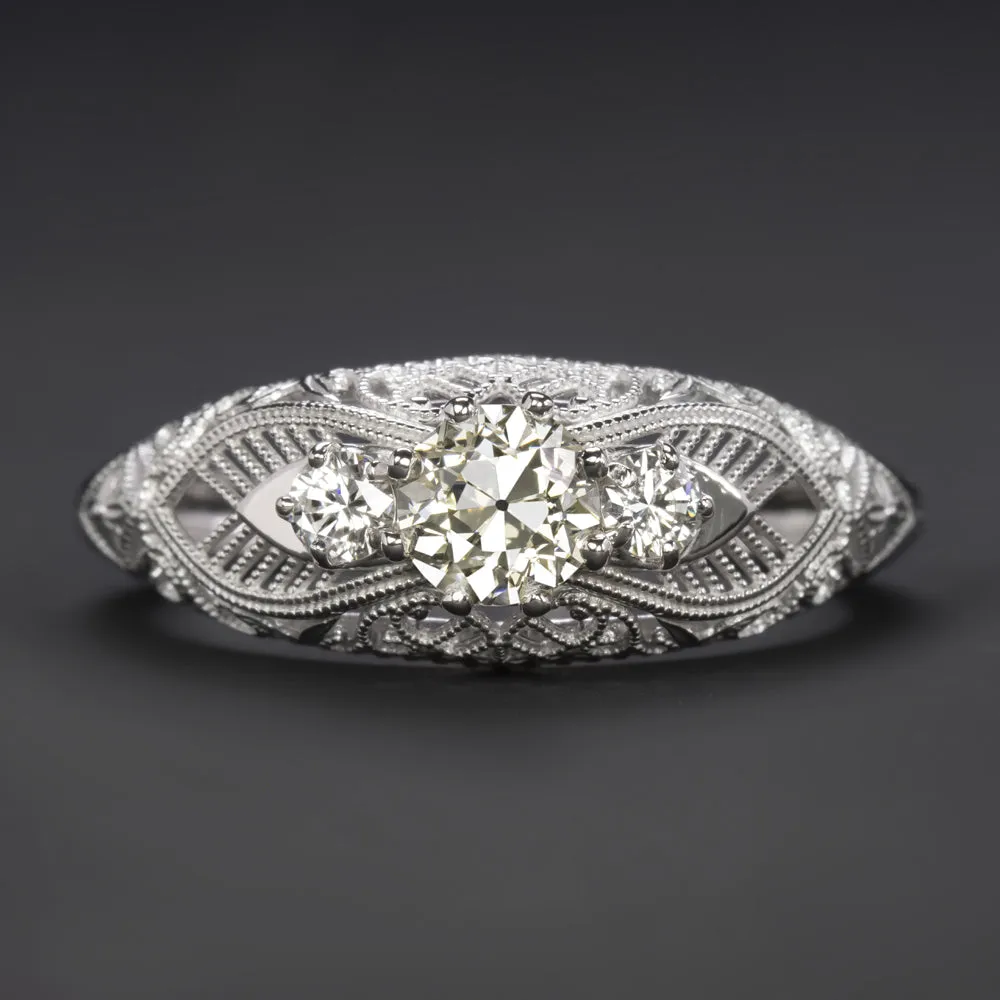 OLD EUROPEAN CUT DIAMOND ENGAGEMENT RING VINTAGE STYLE 14k WHITE GOLD FILIGREE