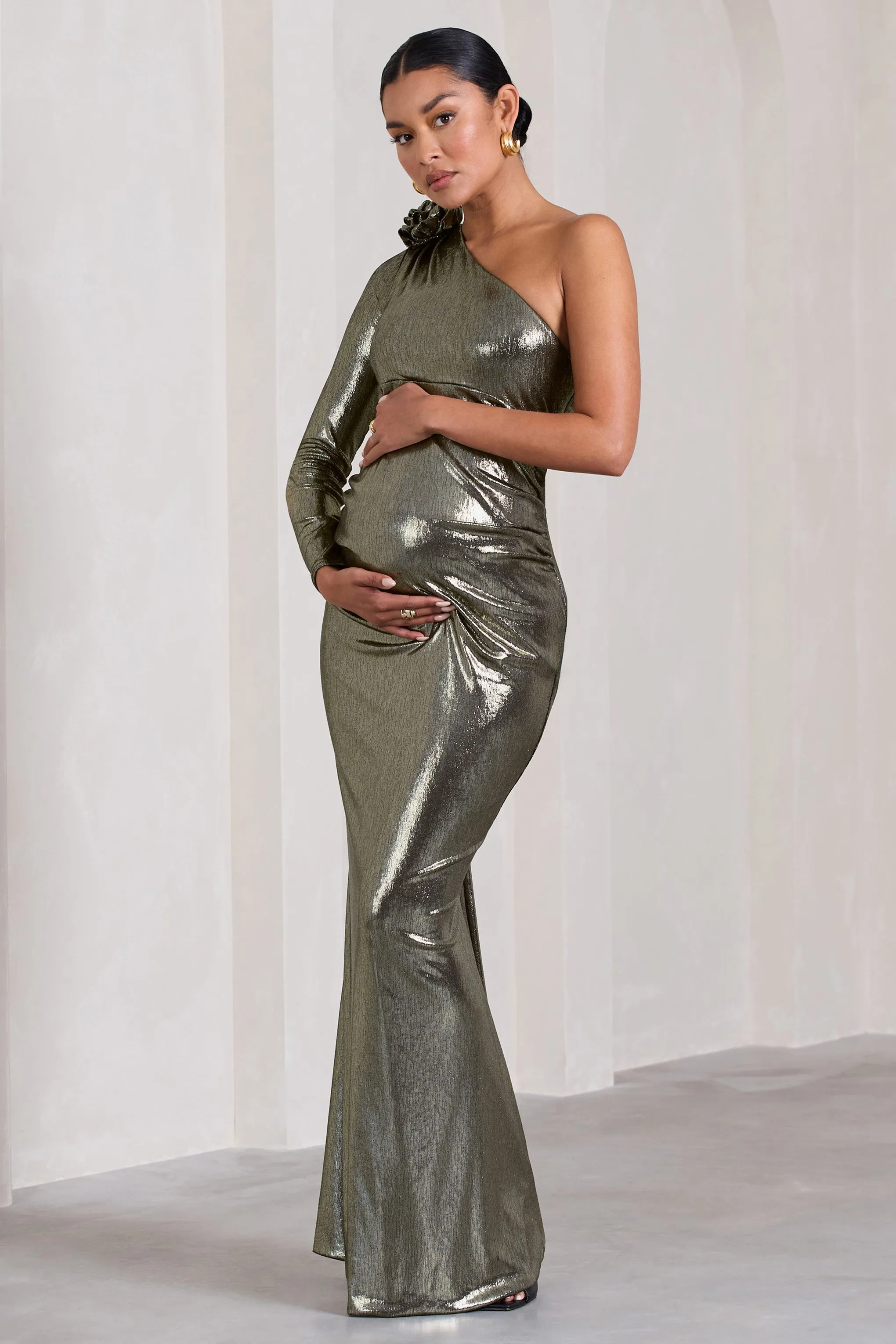Rosepetal | Silver Metallic Asymmetric Maternity Maxi Dress With Flower