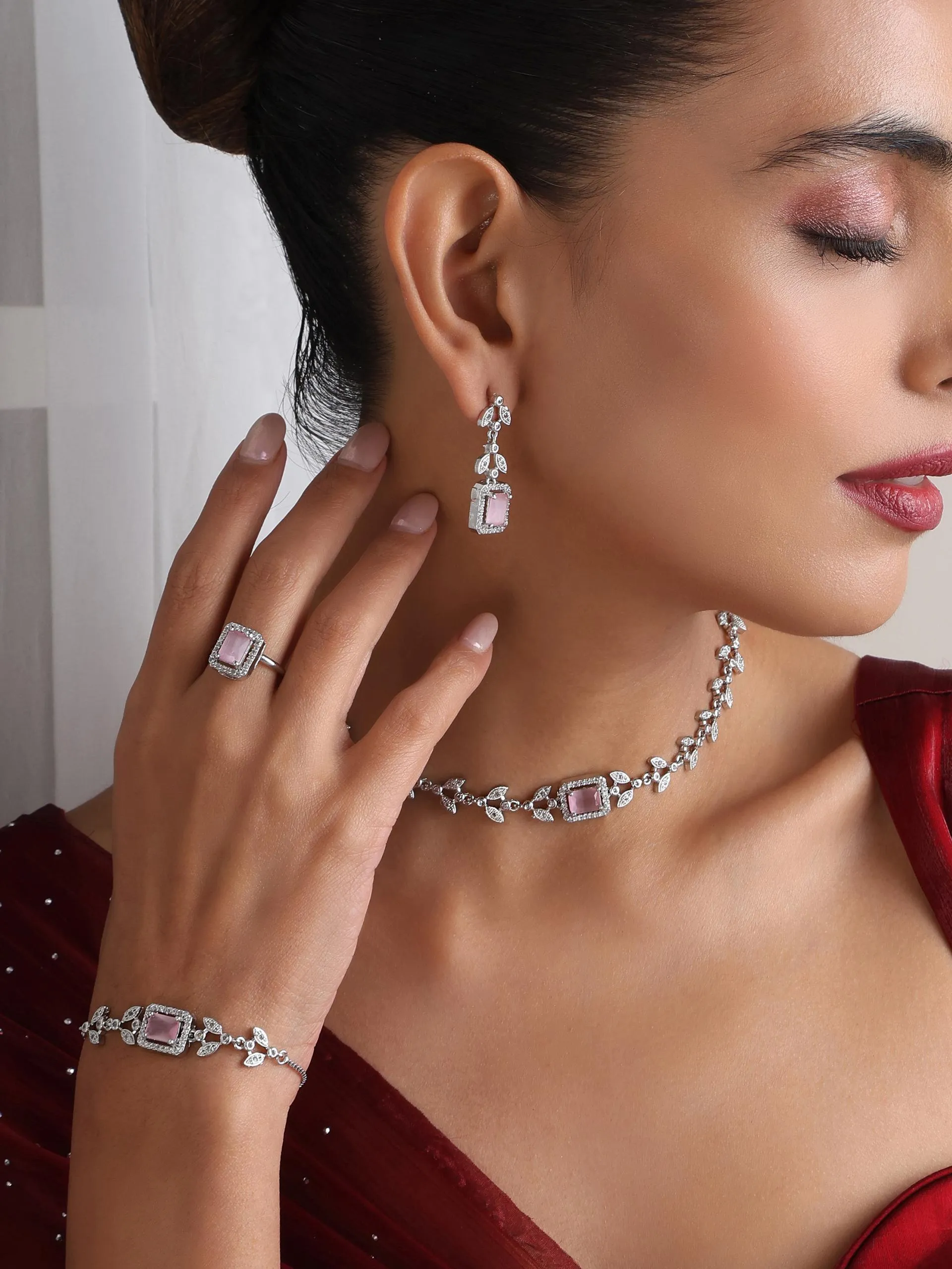 SET - Pink Petal Diamond Necklace, Earring, Ring, Bracelet