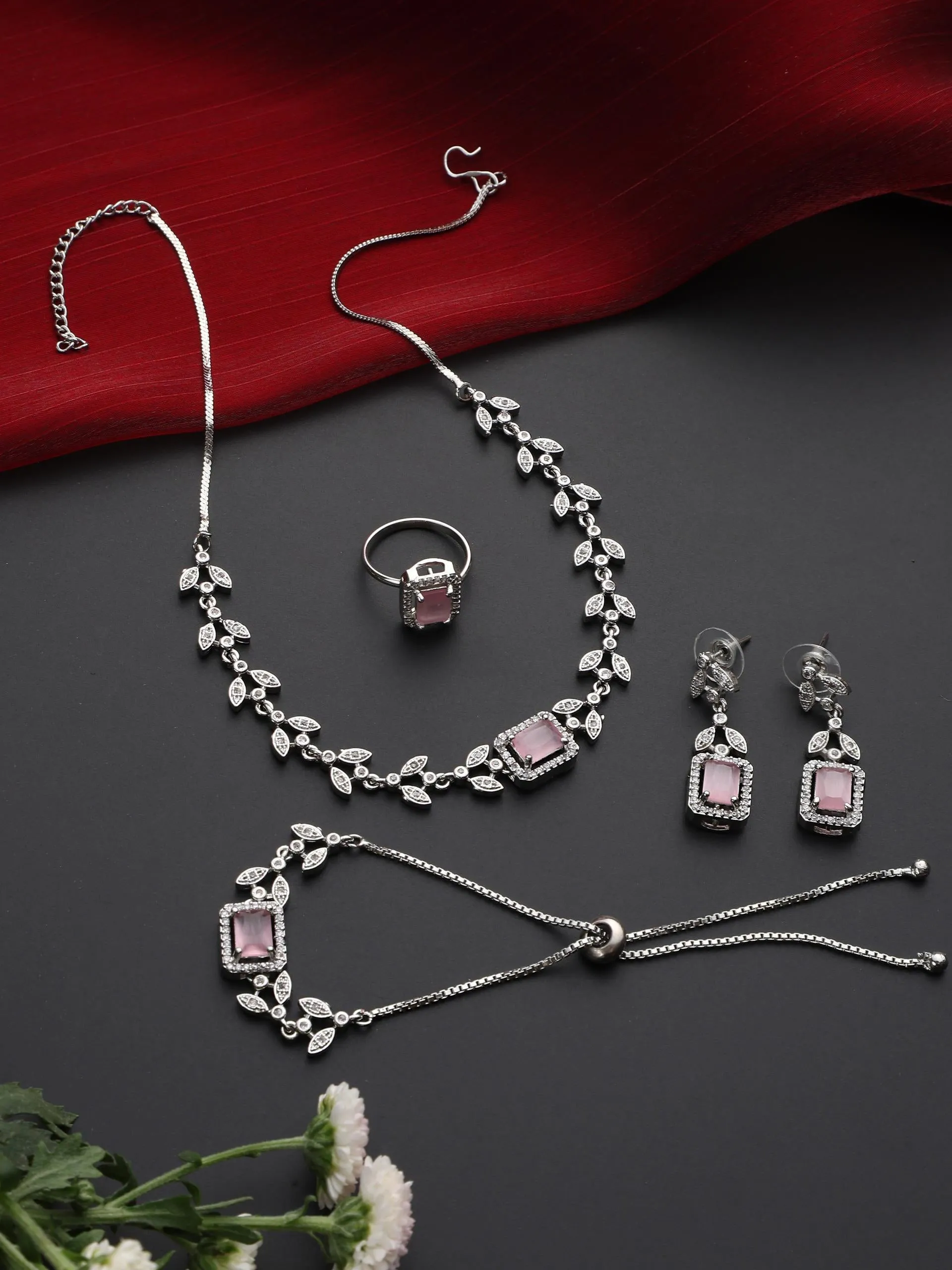 SET - Pink Petal Diamond Necklace, Earring, Ring, Bracelet