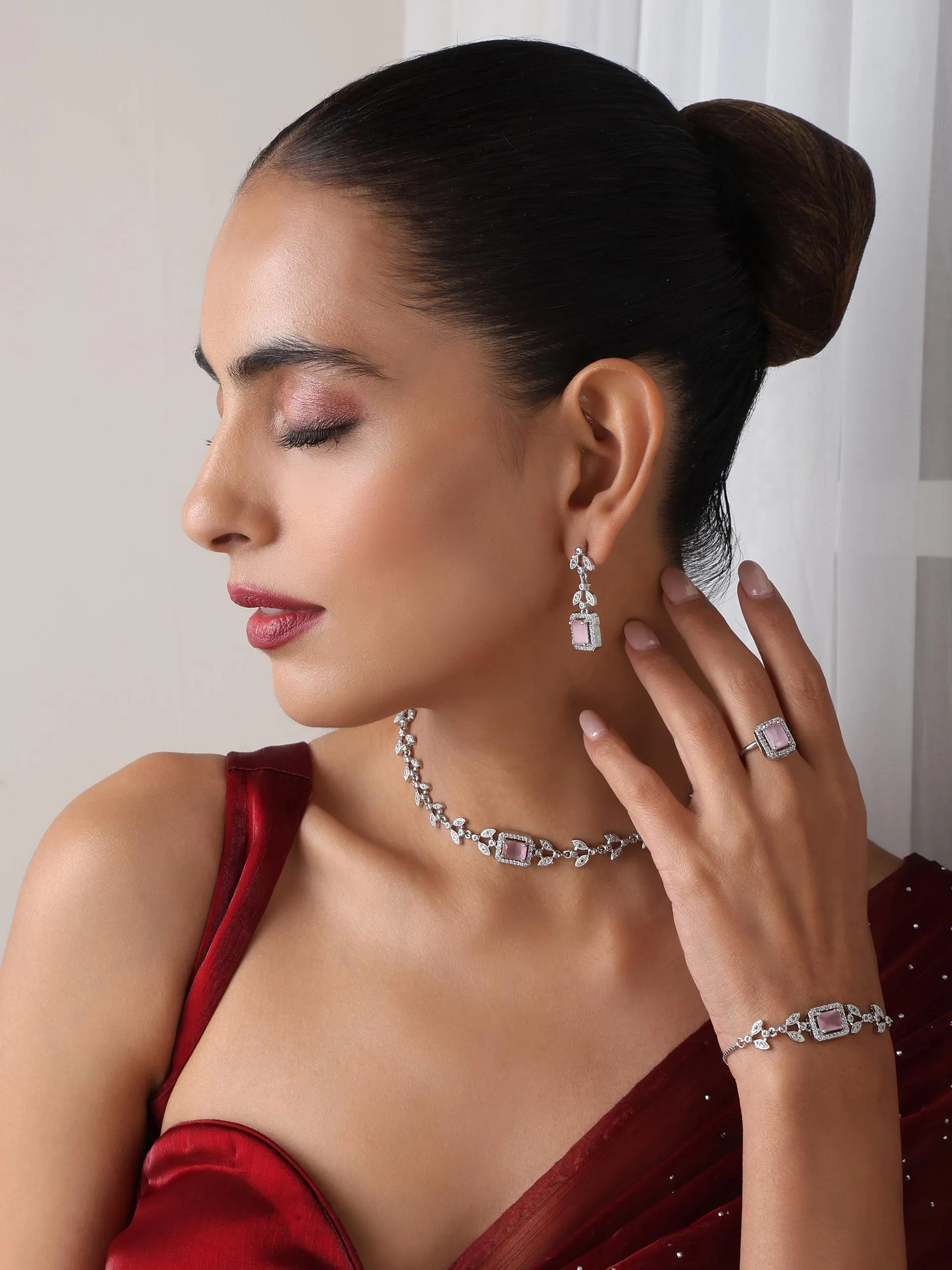 SET - Pink Petal Diamond Necklace, Earring, Ring, Bracelet