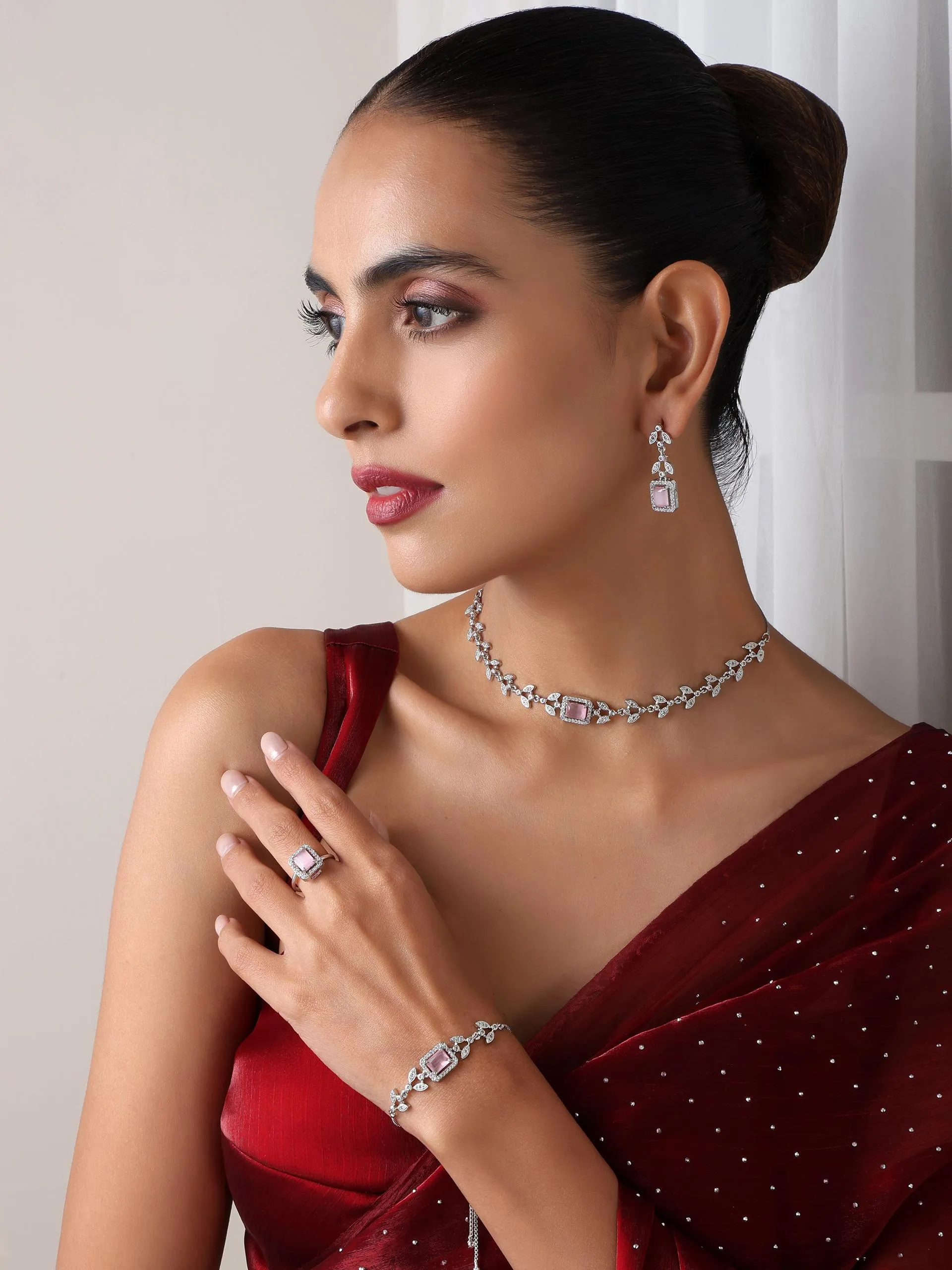 SET - Pink Petal Diamond Necklace, Earring, Ring, Bracelet