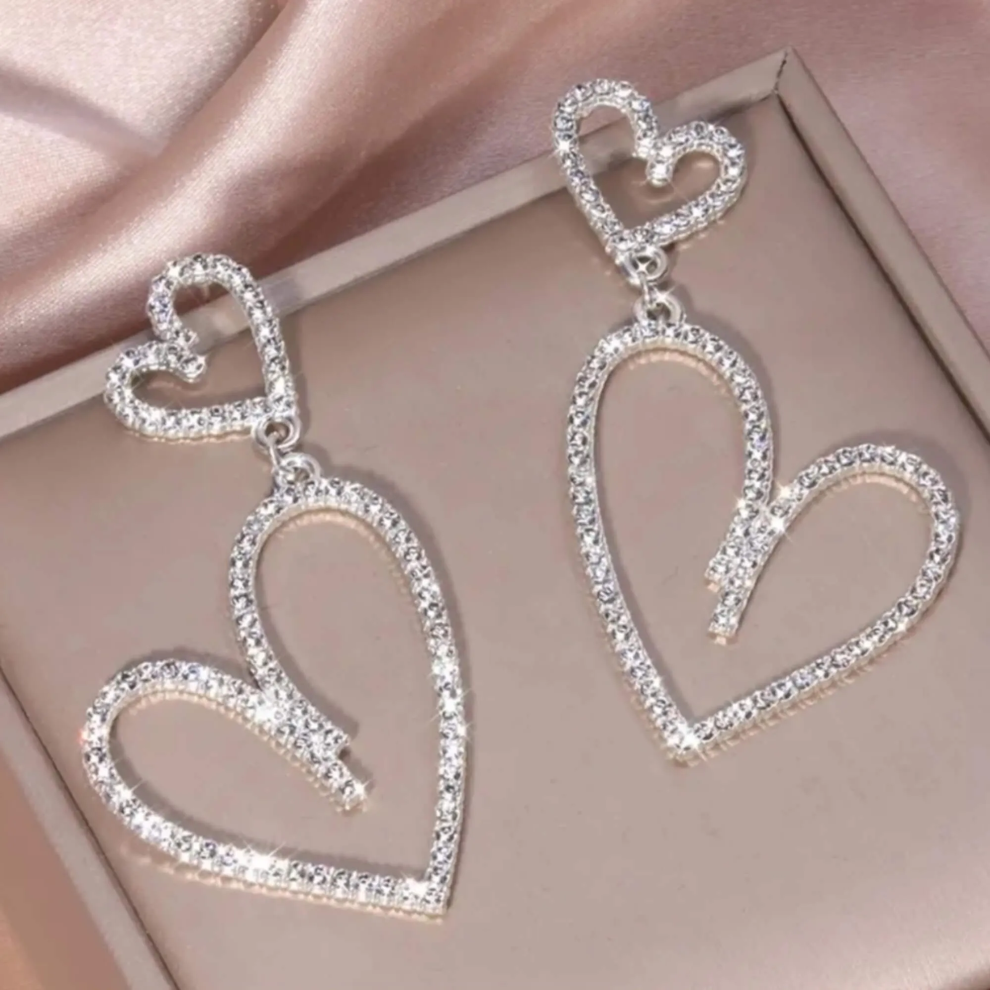 Silver Cut Out Hearts Sparkling Long Earrings