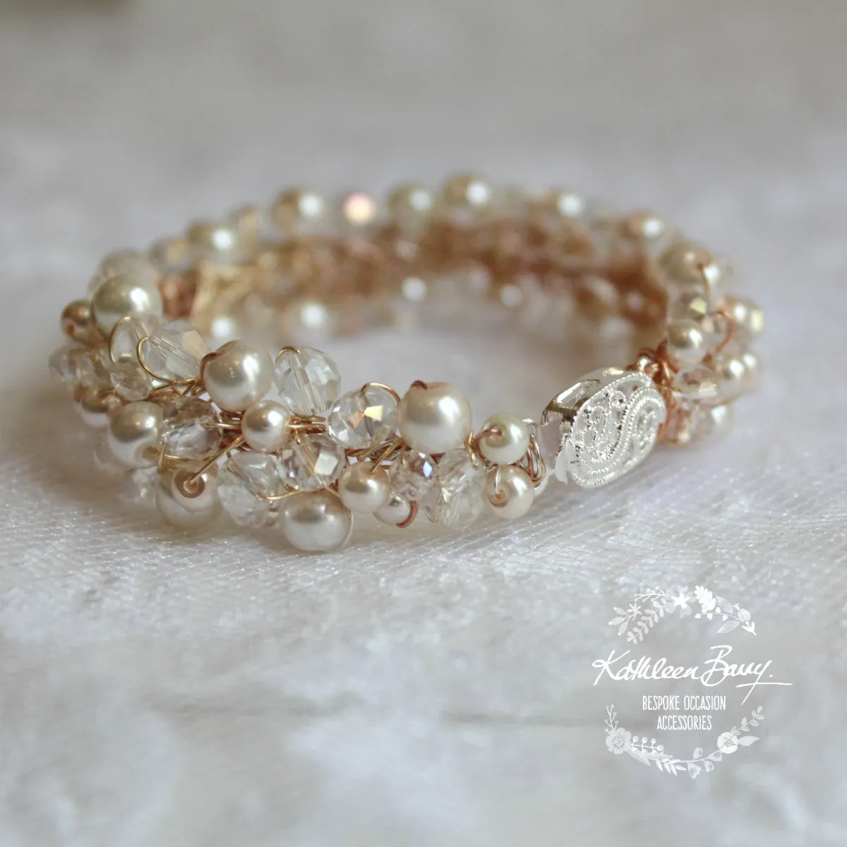 Tamyn Bracelet Rose gold- pearls and crystals - Bridal wedding jewellery - Cuff
