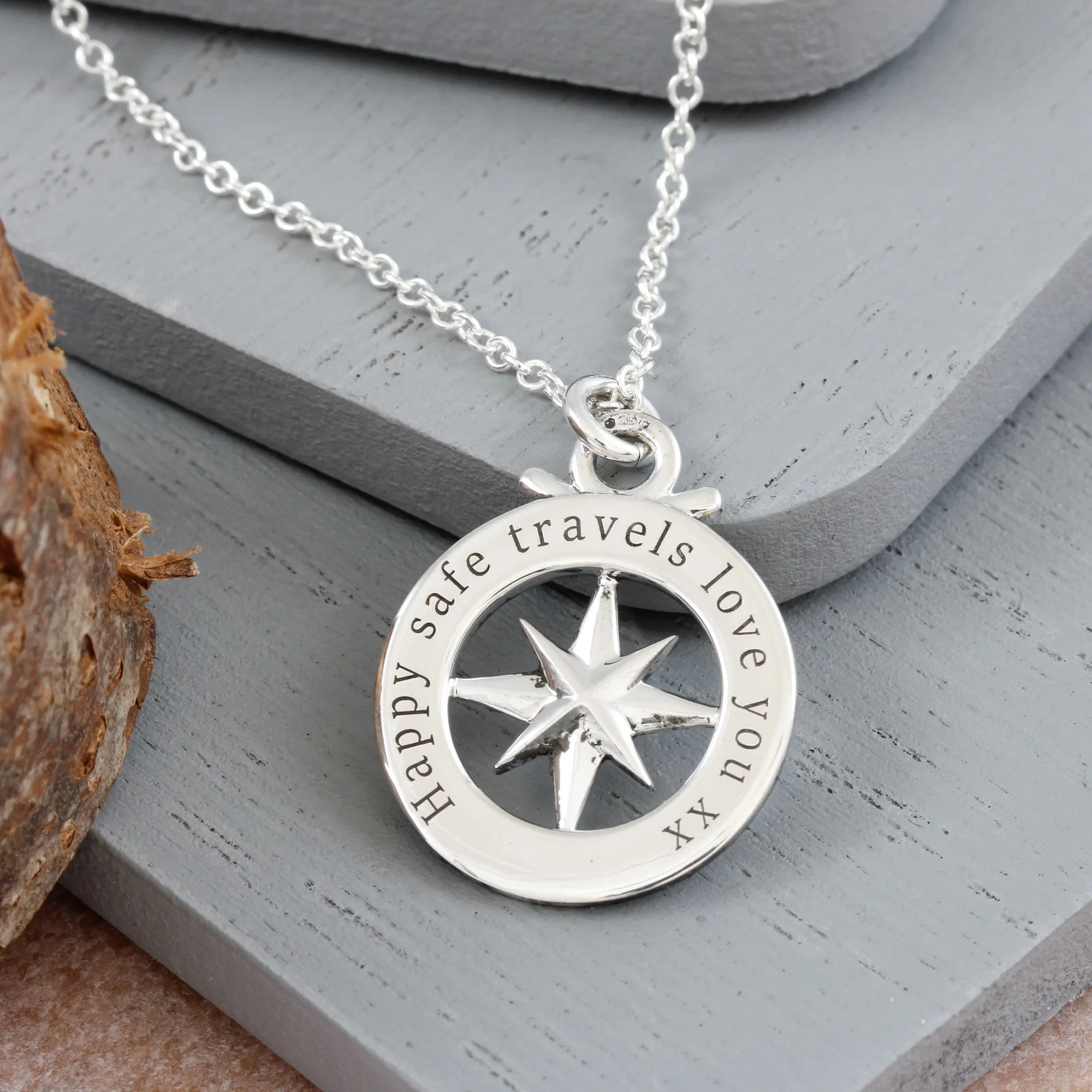 Travel Safe Outline Compass Silver Charm