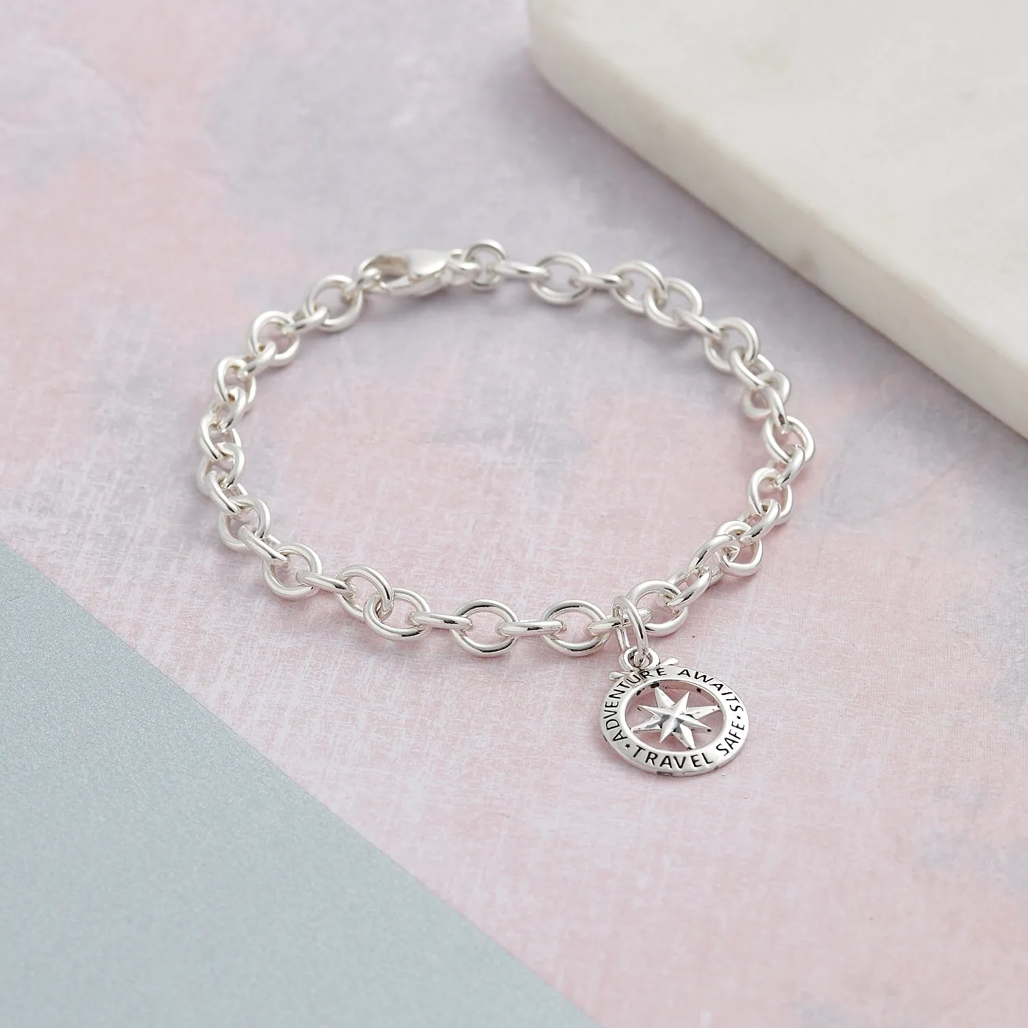Travel Safe Outline Compass Silver Charm