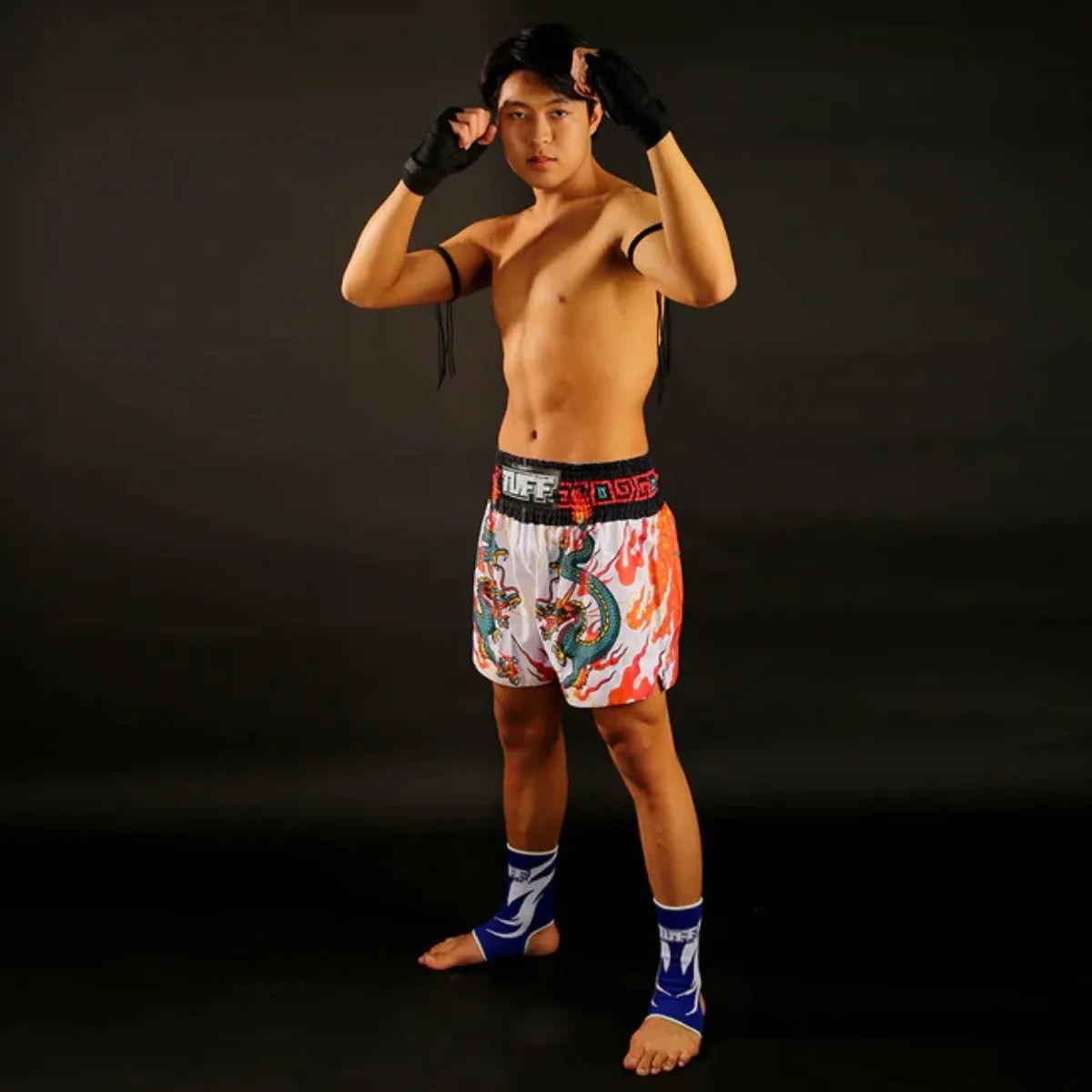 TUFF Sport MS622 White With Blue Dragon Muay Thai Shorts