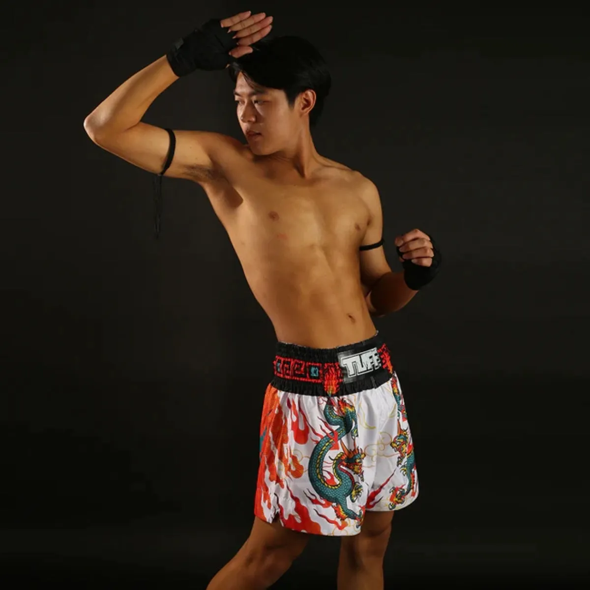 TUFF Sport MS622 White With Blue Dragon Muay Thai Shorts