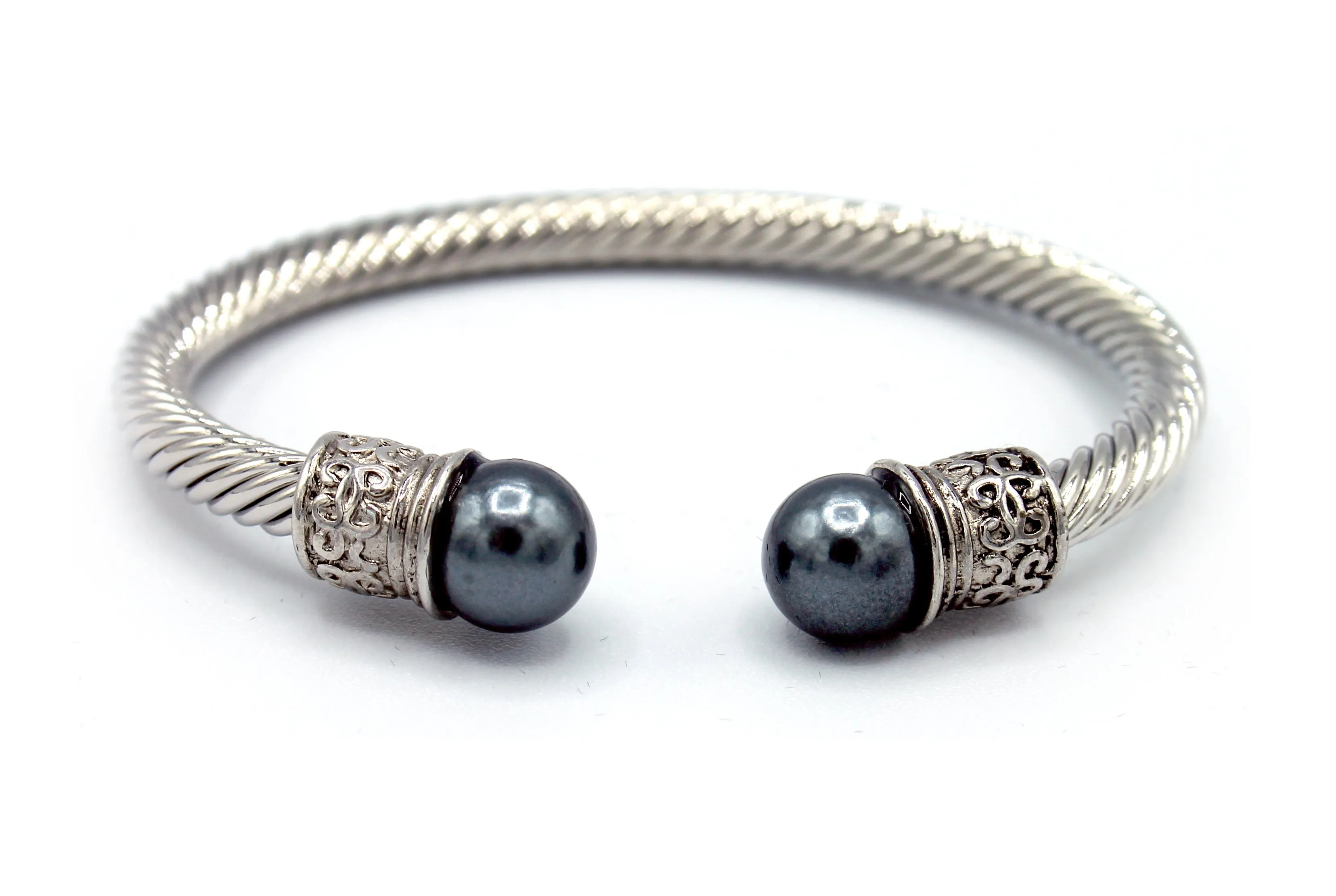 Twisted Silver Bracelet with Black Pearl on ends