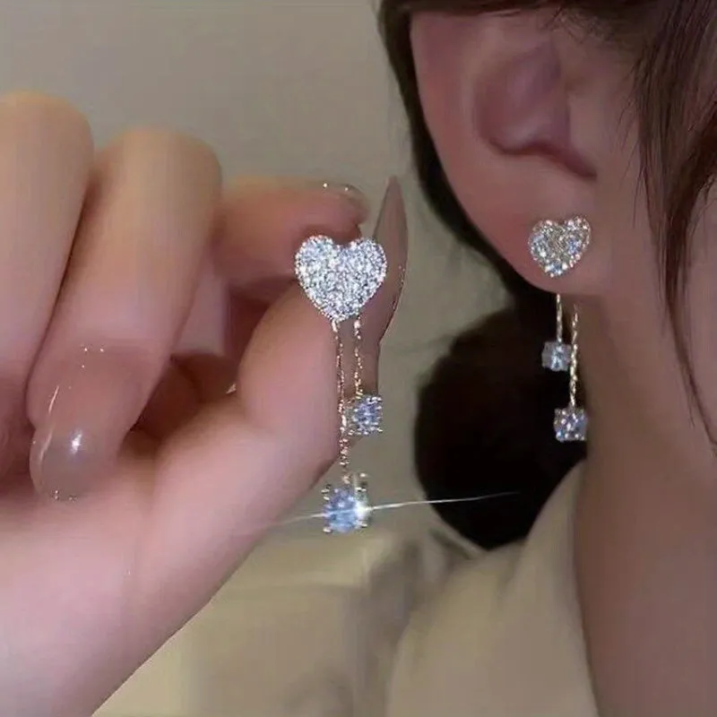 Unleash Your Personality with our Asymmetric Full Zircon Heart Shaped Tassel Earrings for Women and Girls