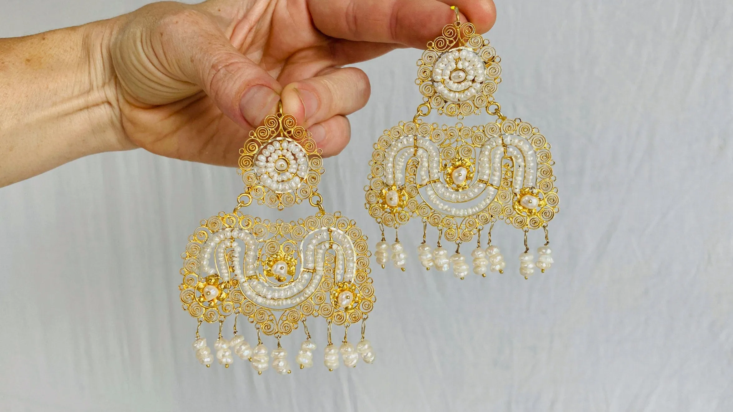 Vintage Oaxacan Filigree Earrings. Gold Plated. Pearls. Sterling Silver.
