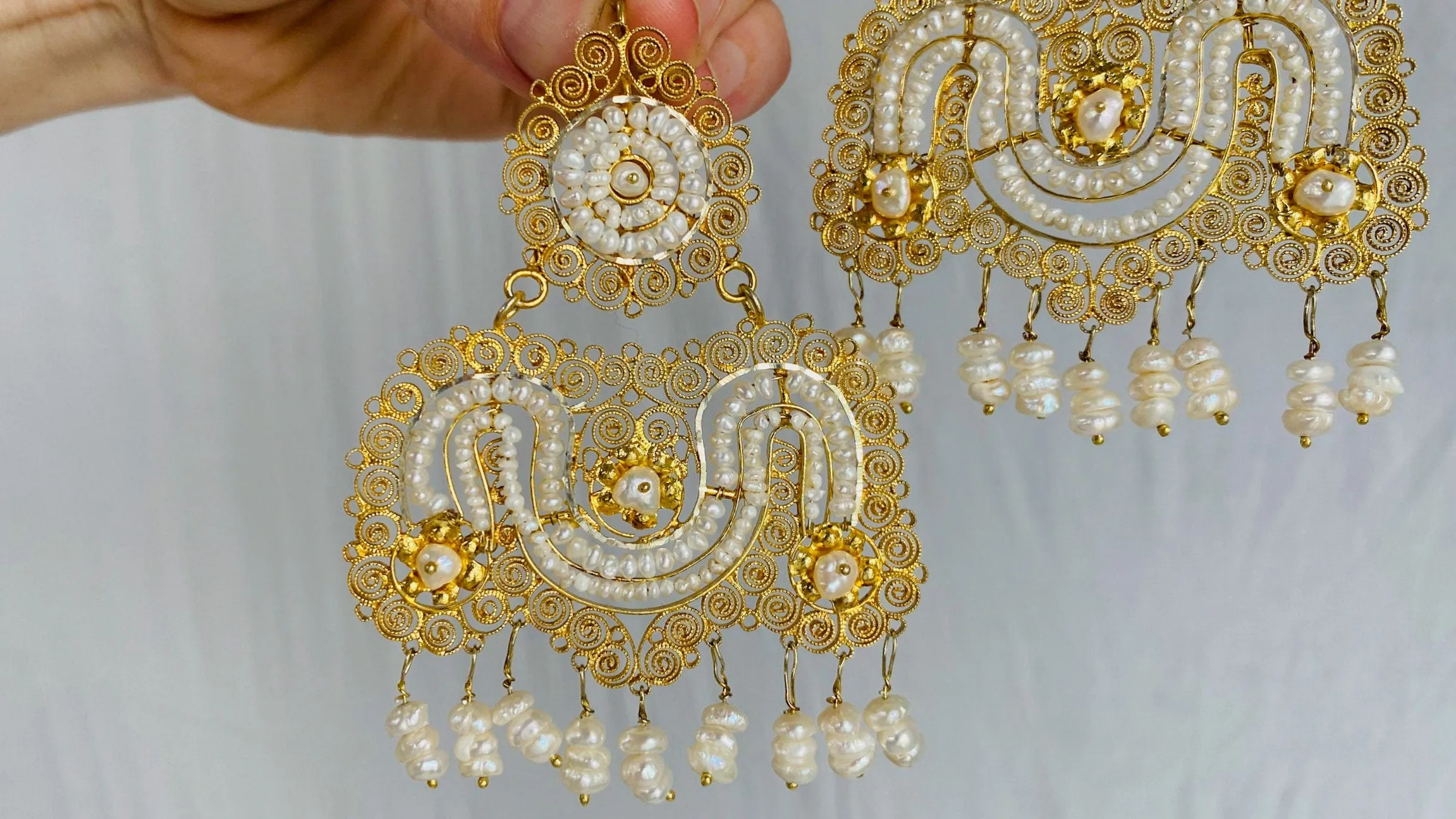Vintage Oaxacan Filigree Earrings. Gold Plated. Pearls. Sterling Silver.