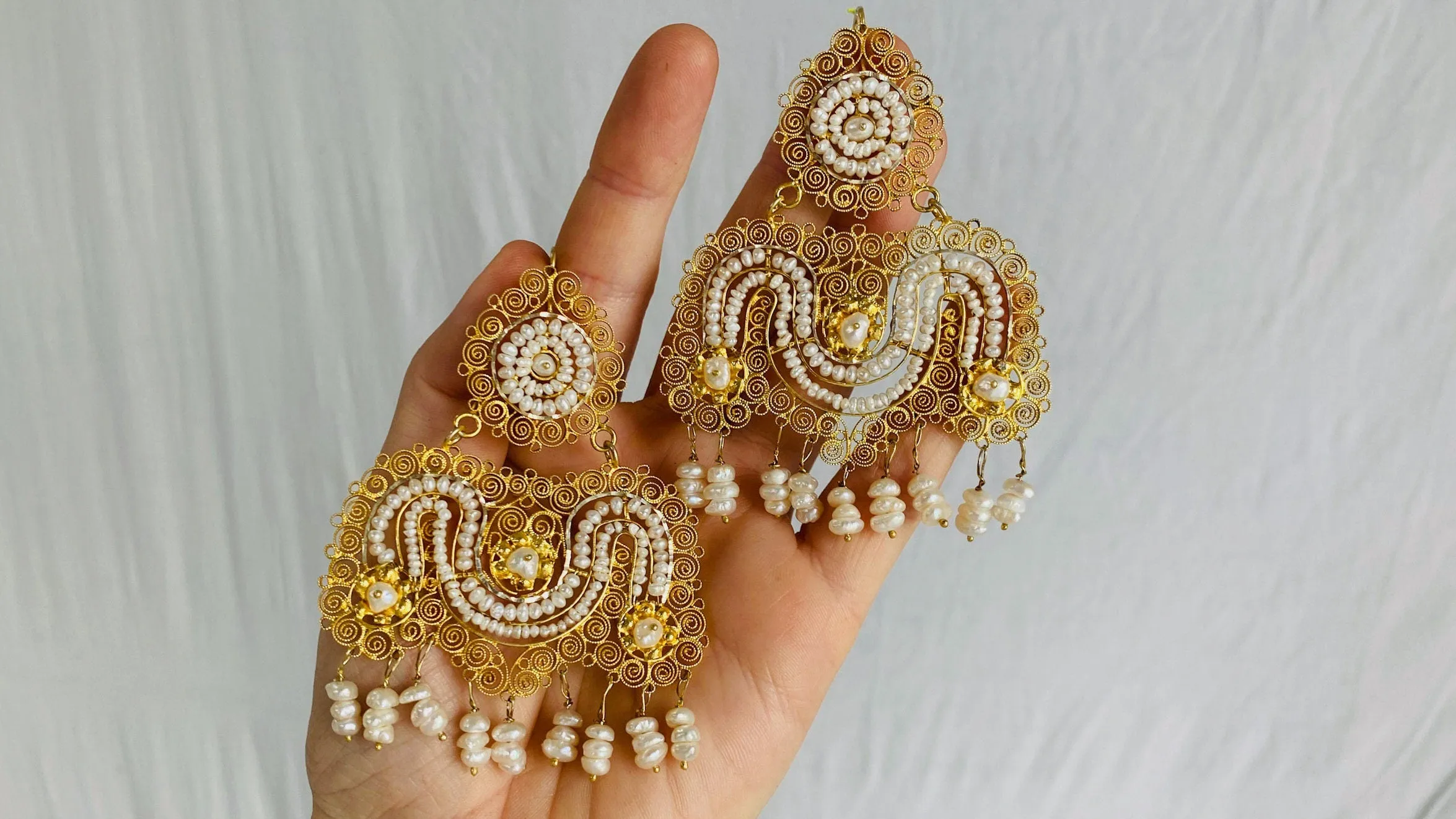 Vintage Oaxacan Filigree Earrings. Gold Plated. Pearls. Sterling Silver.