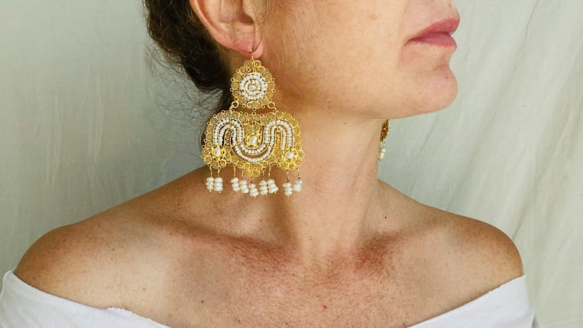 Vintage Oaxacan Filigree Earrings. Gold Plated. Pearls. Sterling Silver.