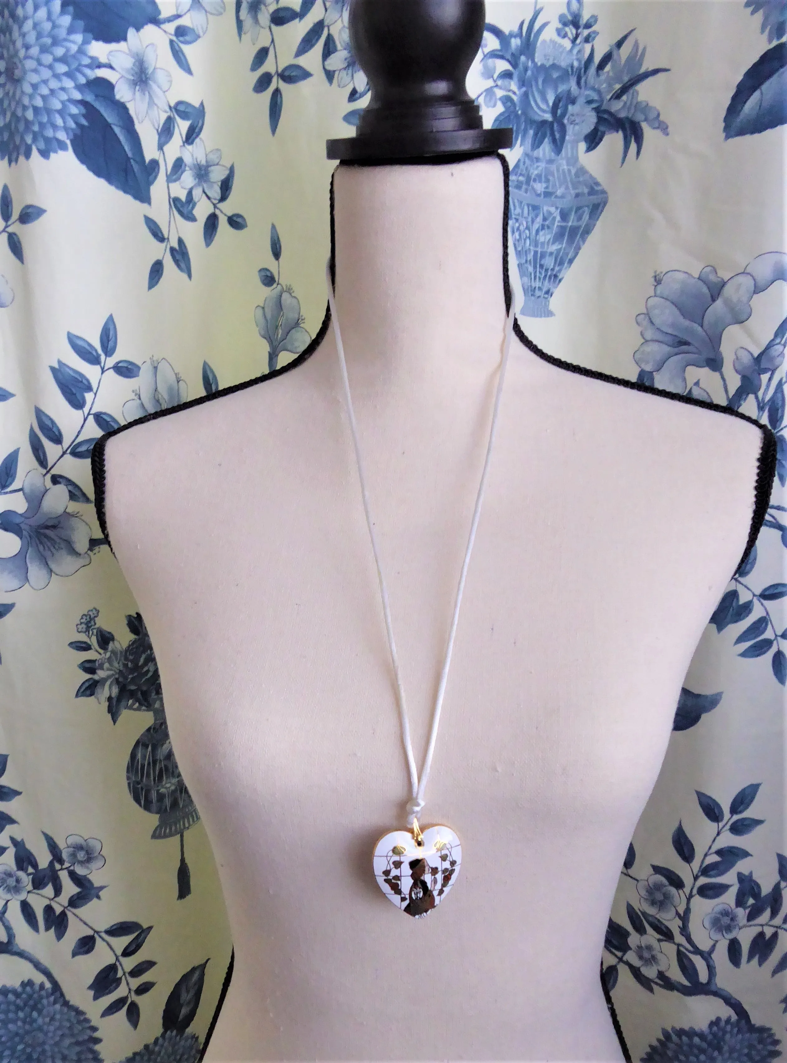 White Enamel Heart Pendant Necklace Art Nouveau Figure 1970s Long Silk Cord
