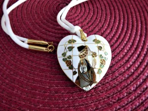 White Enamel Heart Pendant Necklace Art Nouveau Figure 1970s Long Silk Cord