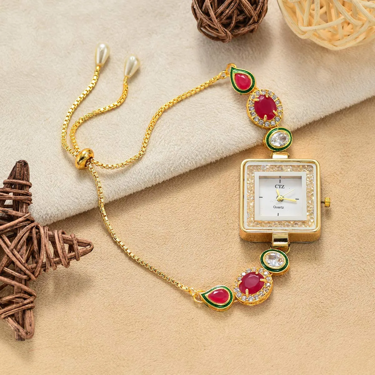 Yellow Chimes Classic Design Crystal Studded Kundan Gold Plated Traditional Square Shaped Adjuatable Chain Charm Bracelet for Women & Girls