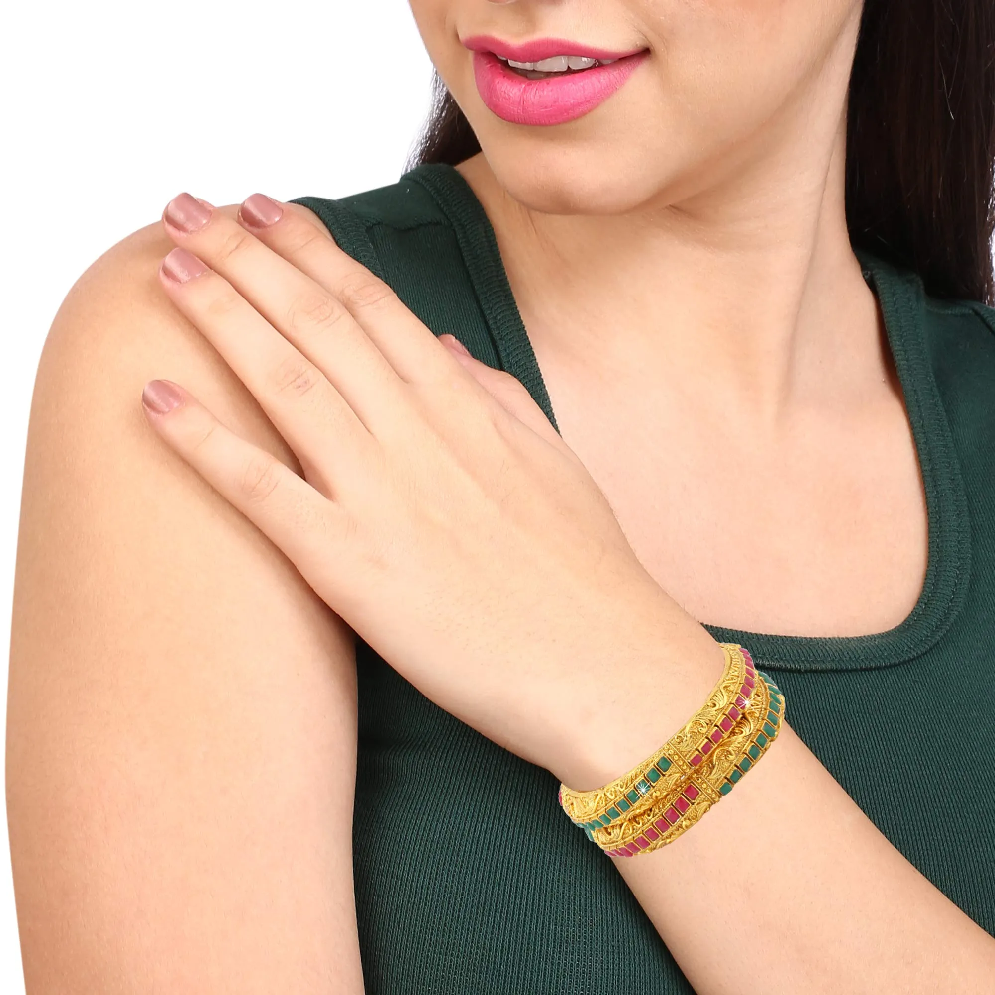 Yellow Chimes Classic Design Studded Stones 2 PCs Traditional Gold Plated Bracelet Bangles Set for Women and Girls (2.4)