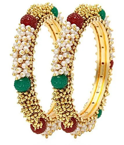 Yellow Chimes Classic Pearl Studded Moti Traditional Gold Plated 2 PCs Bracelet Bangles Set for Women and Girls (2.4)