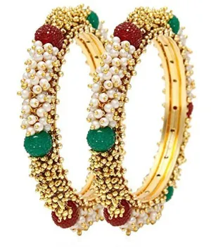 Yellow Chimes Classic Pearl Studded Moti Traditional Gold Plated 2 PCs Bracelet Bangles Set for Women and Girls (2.4)
